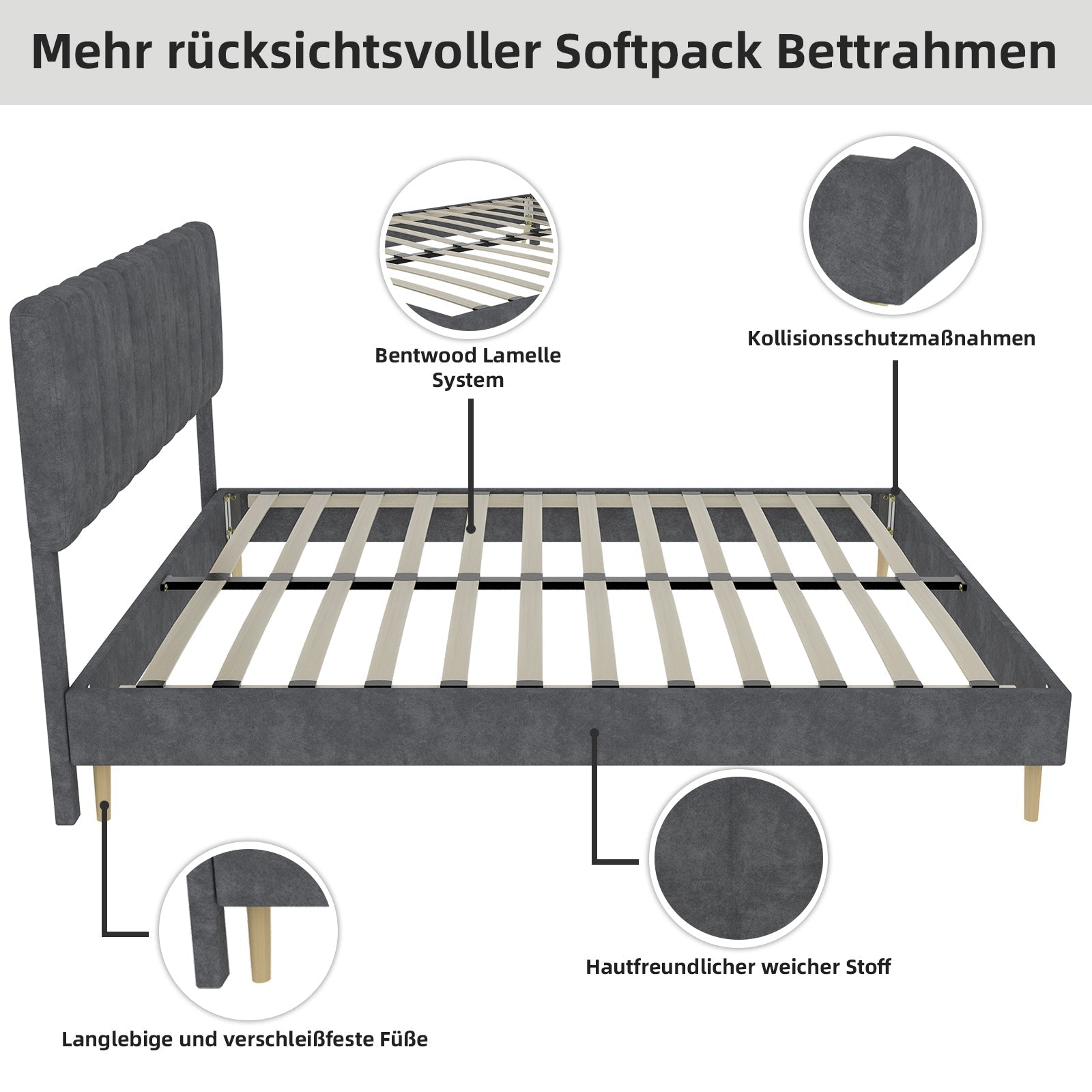Modern Minimalist Upholstered Bed, Soft Headboard, 160x200 cm, Grey