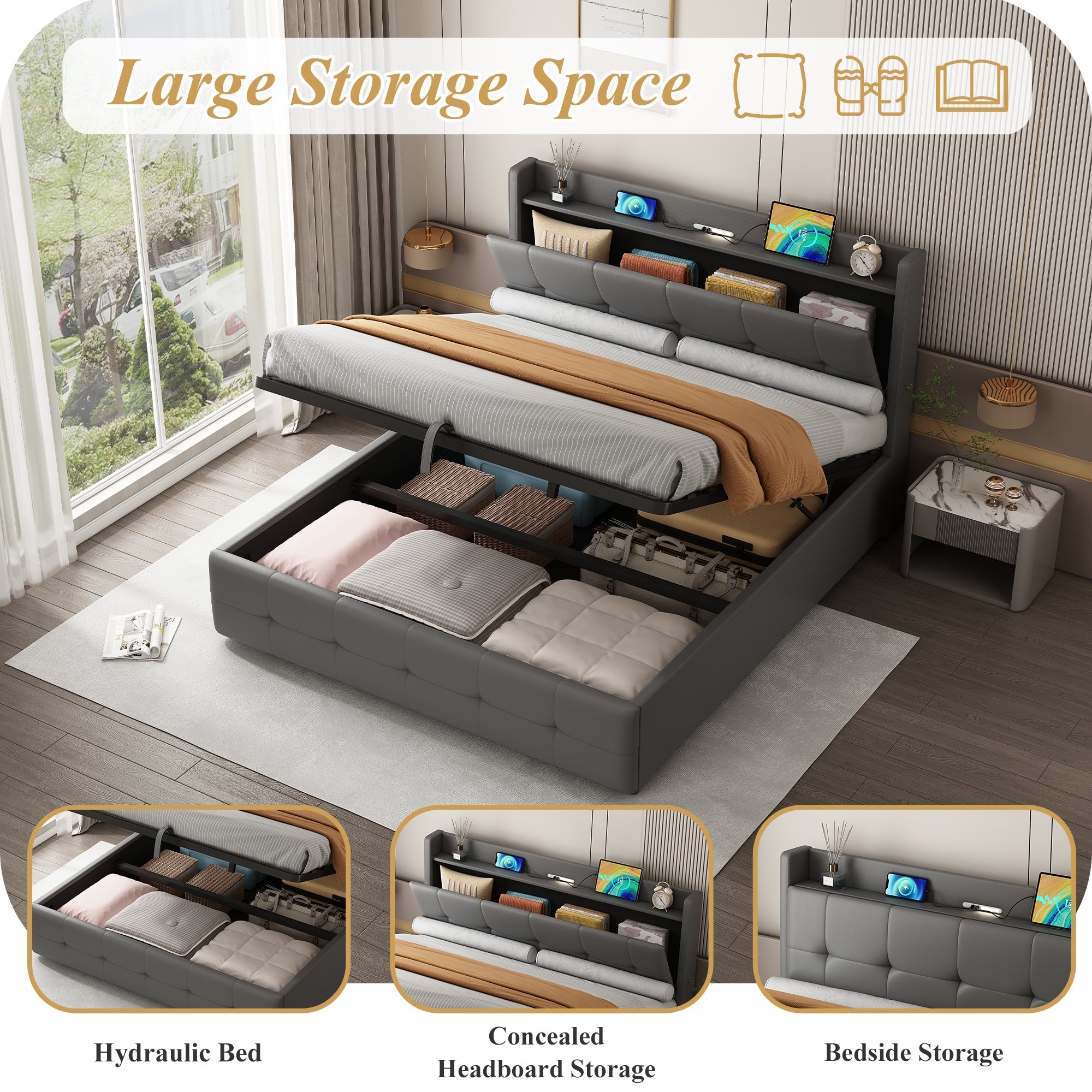 5ft King Upholstered Bed Frame, Hydraulic Storage, Charging Station, LED Night Light, PU Leather, Grey