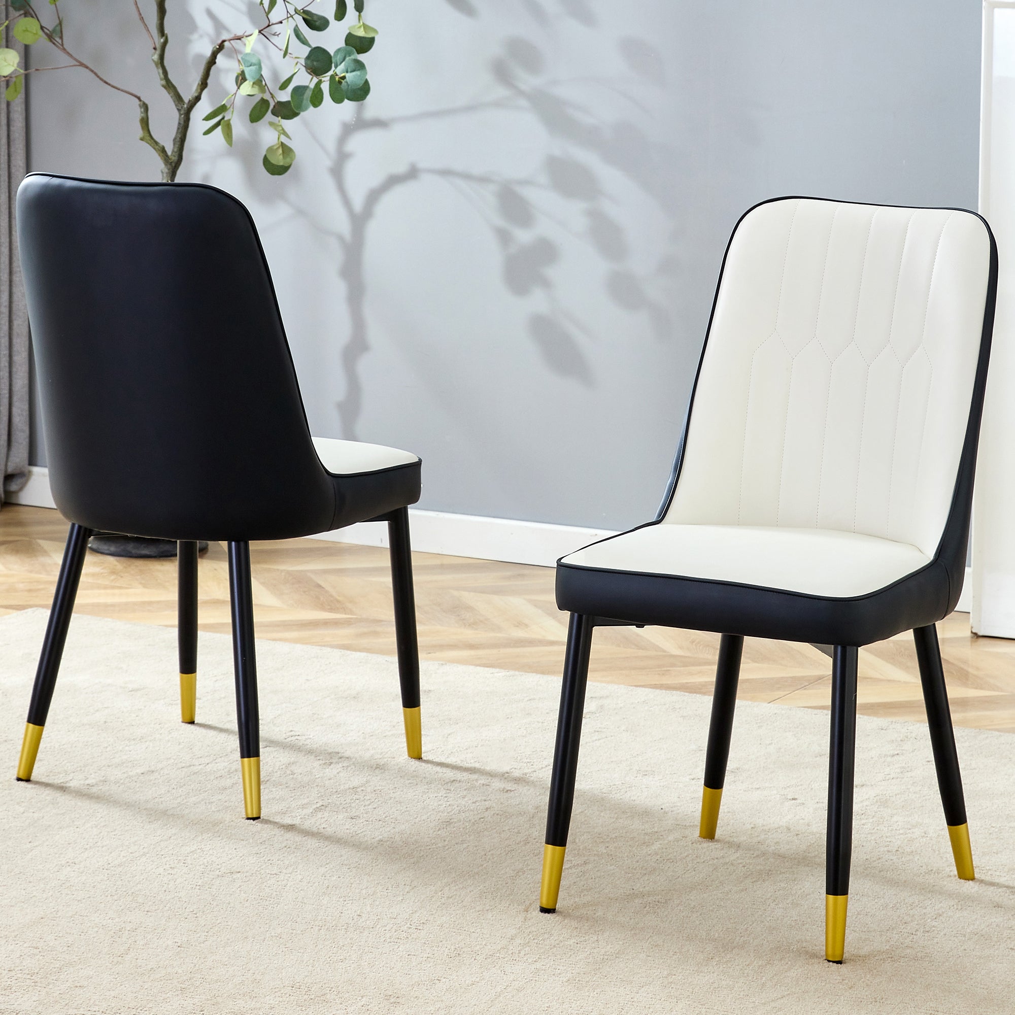 Set of 2 Dining Chairs Modern PU Leather Black Metal Legs - Black/White