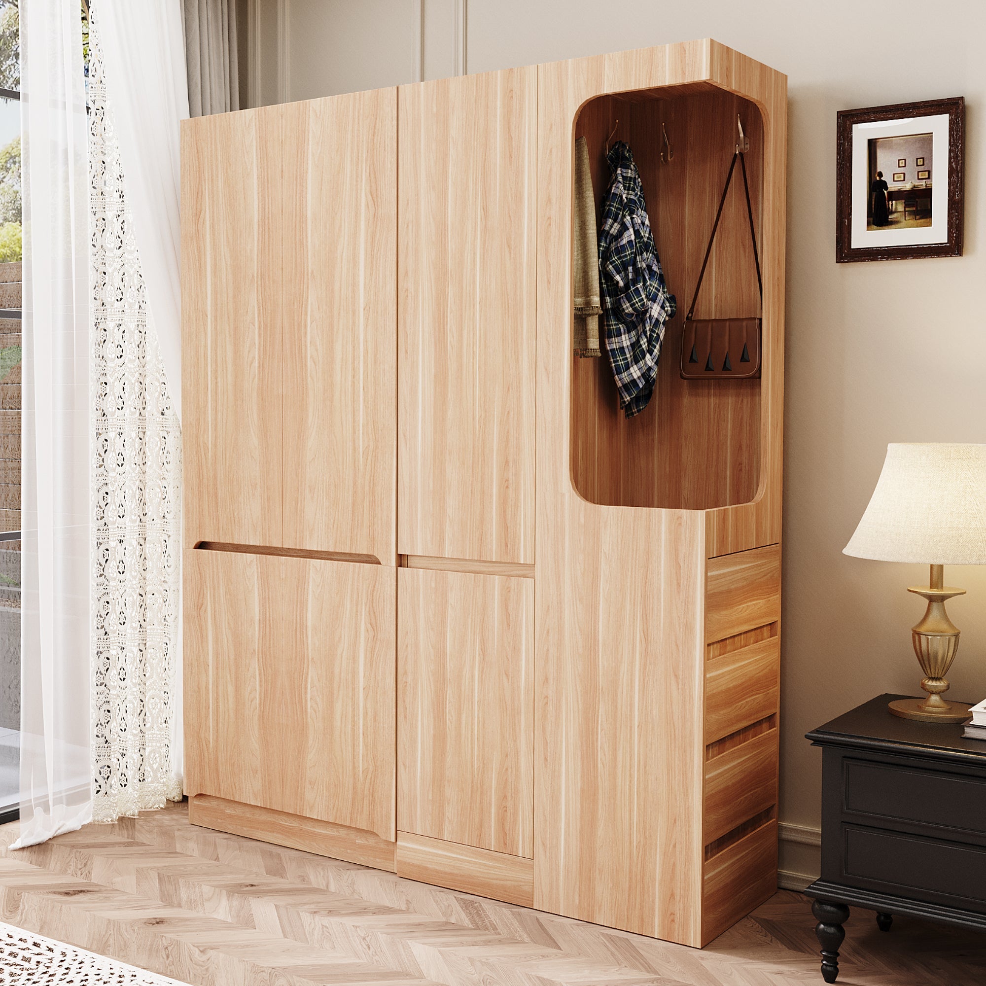 Extra-Large Wardrobe 140x40x170cm with Drawers, Storage, Open Area, Wood Color