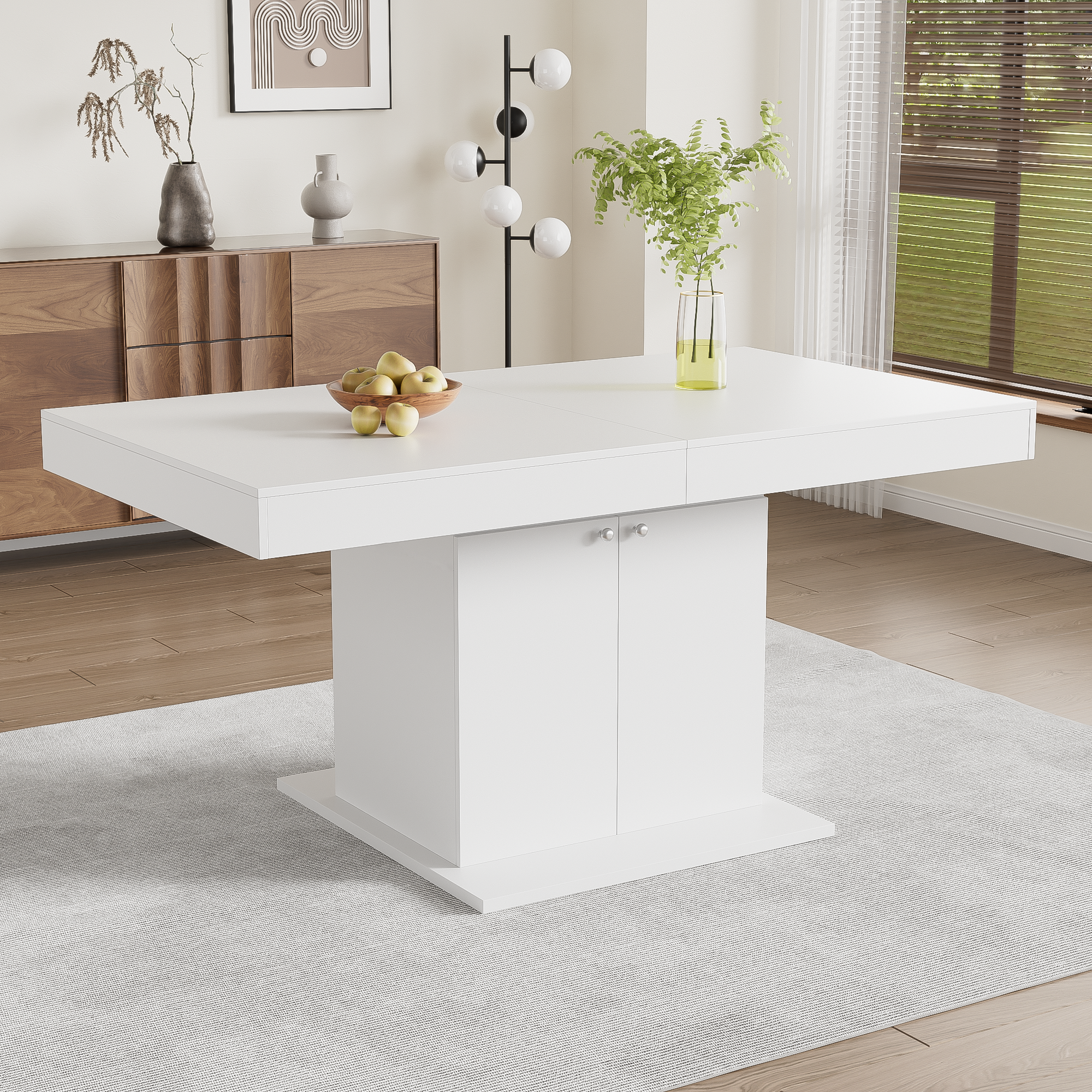 Extendable Dining Table with Storage and Automatic Telescopic Function, White