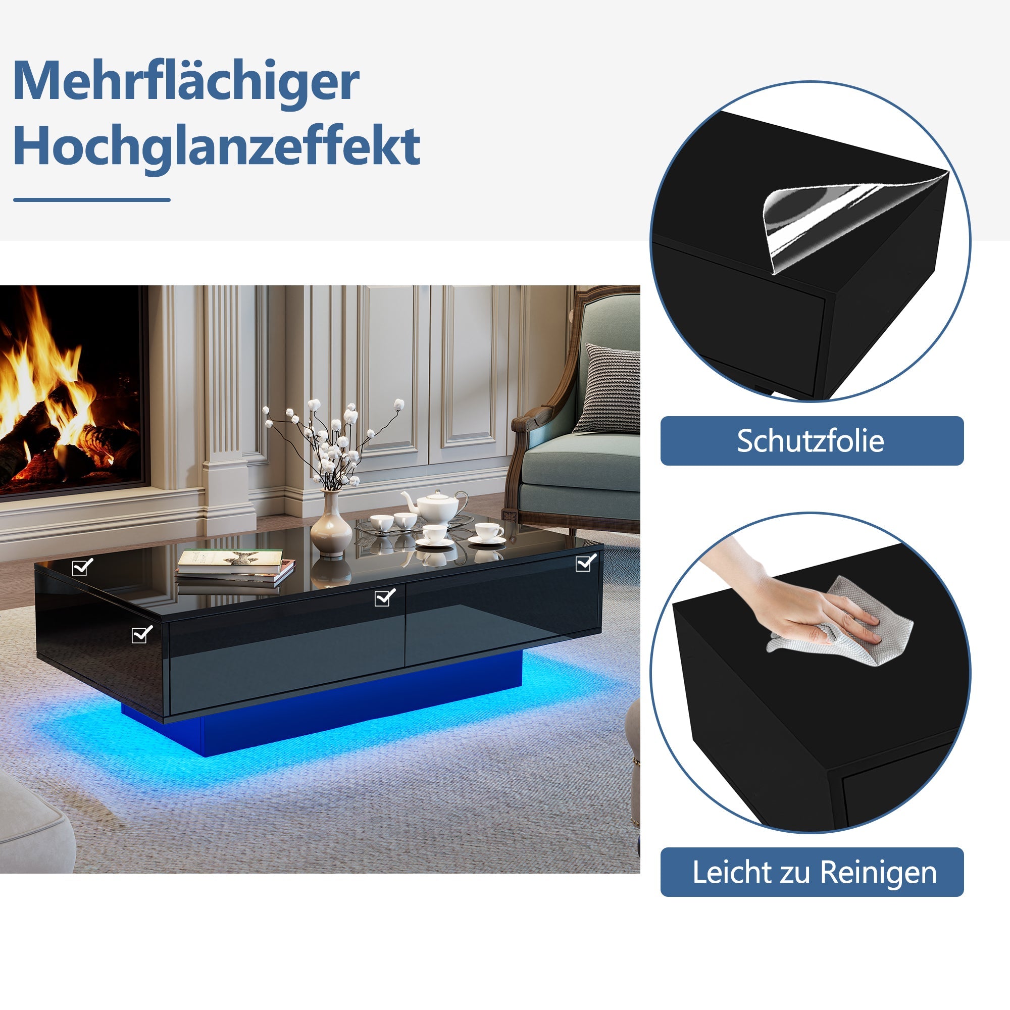 Modern Coffee Table, 115x55x34cm with 2 Drawers, LED Lighting, Black High-Gloss