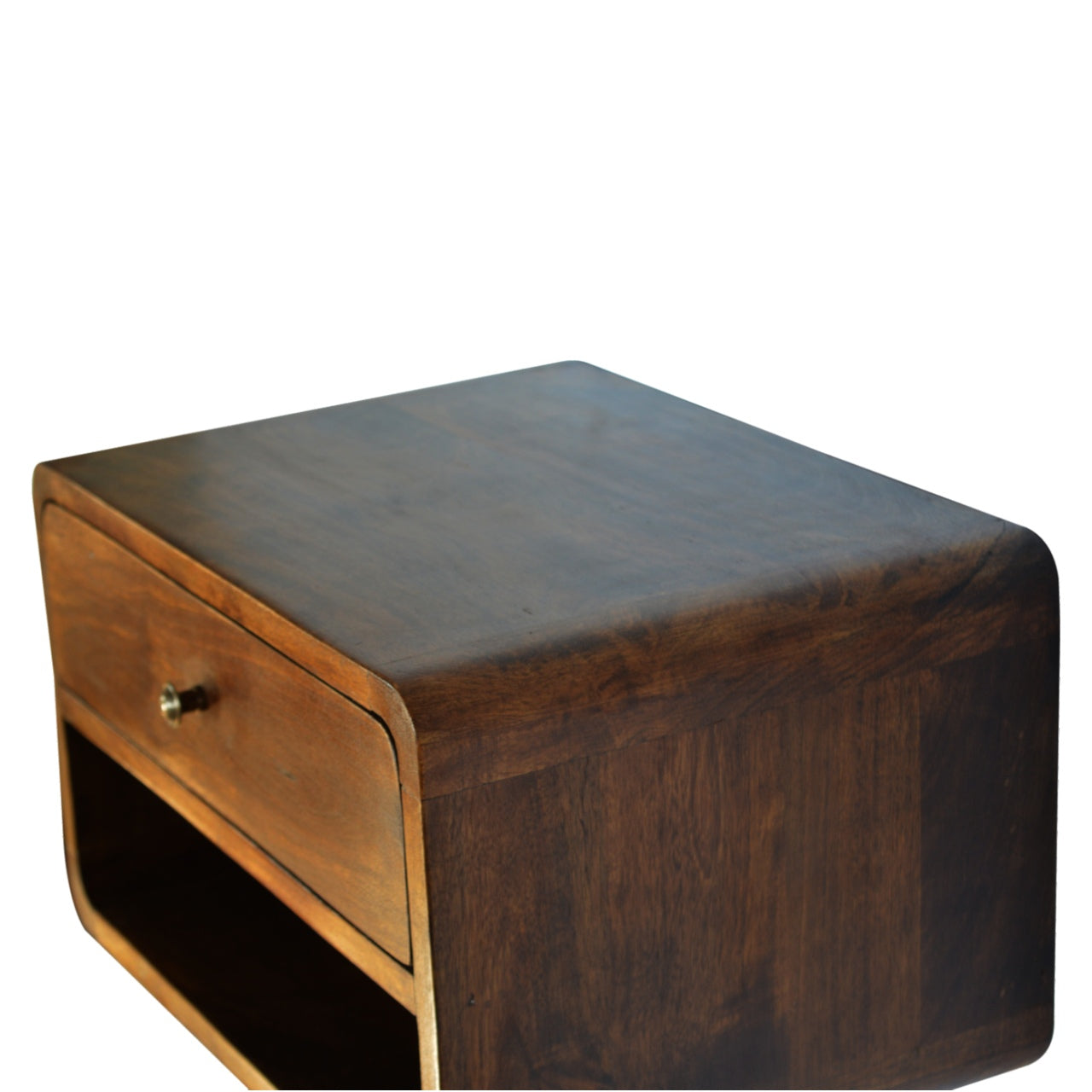 Solid Wood Chestnut Curve Floating Bedside, 1 Drawer and Open Shelf, Dark Brown
