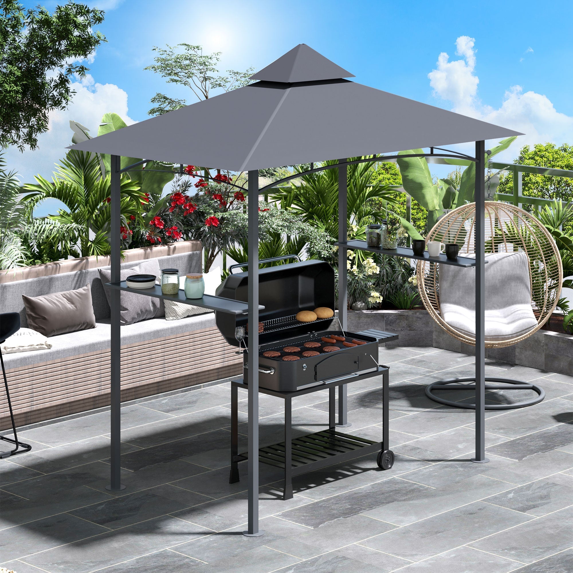 Grillpavillon, Gartenpavillon Flammhemmend Doppel-Dach, Grau