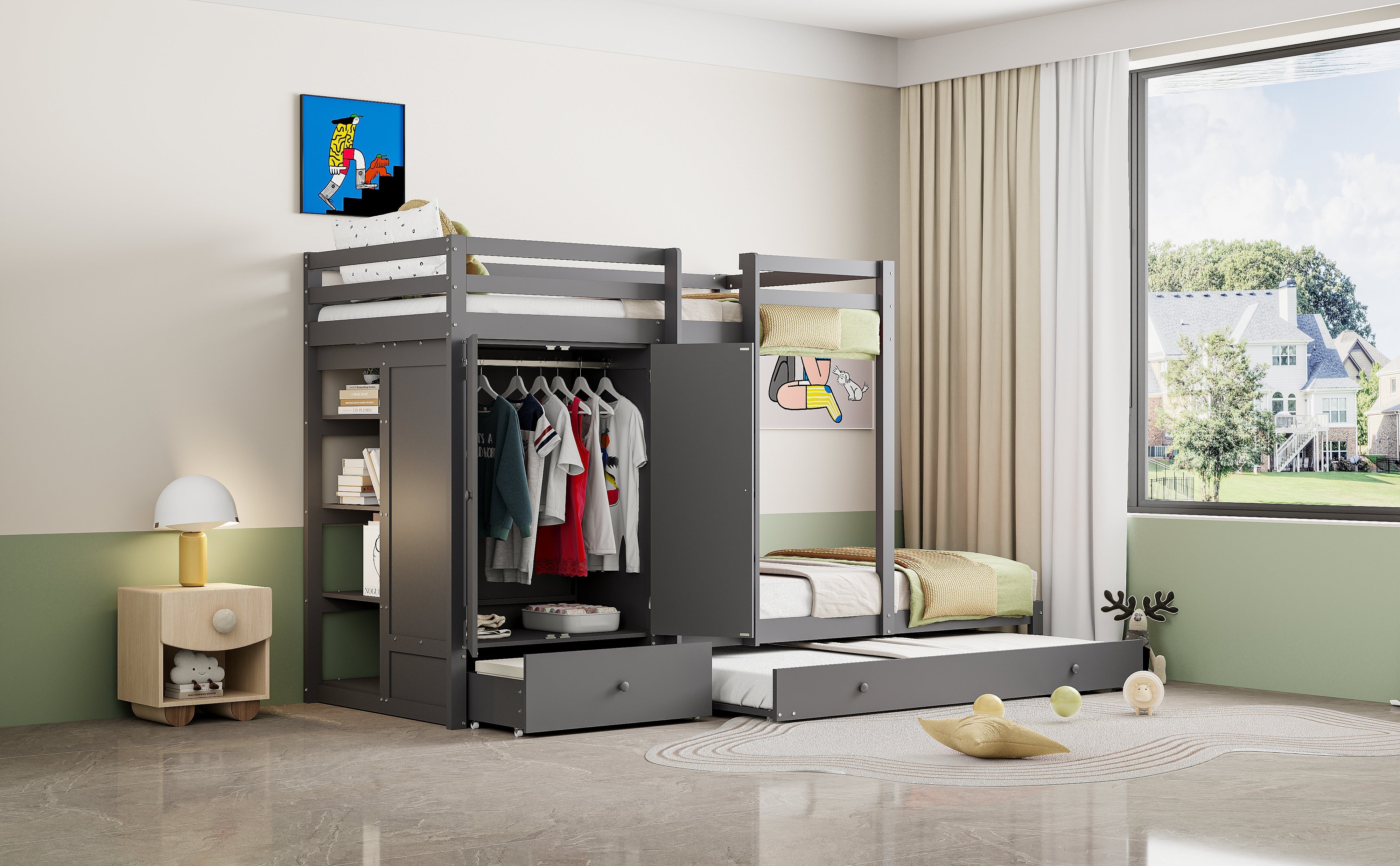 Bunk Bed, 90x200 Pull-Out, Multifunctional with Wardrobe, Drawers & Storage, Solid Wood Grey