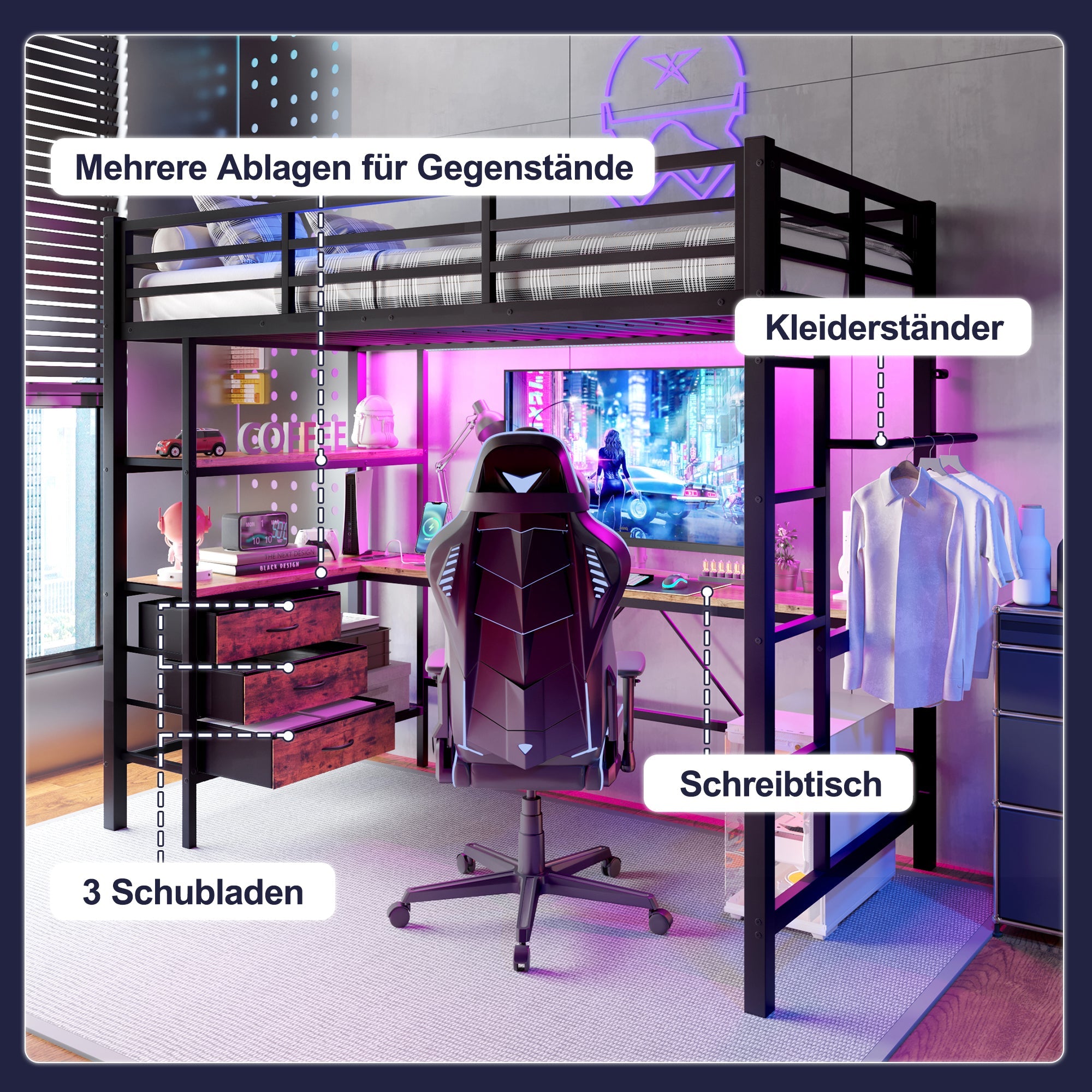 Loft Bed 90x200cm LED Lights, Desk, USB Port, 3 Drawers, Black