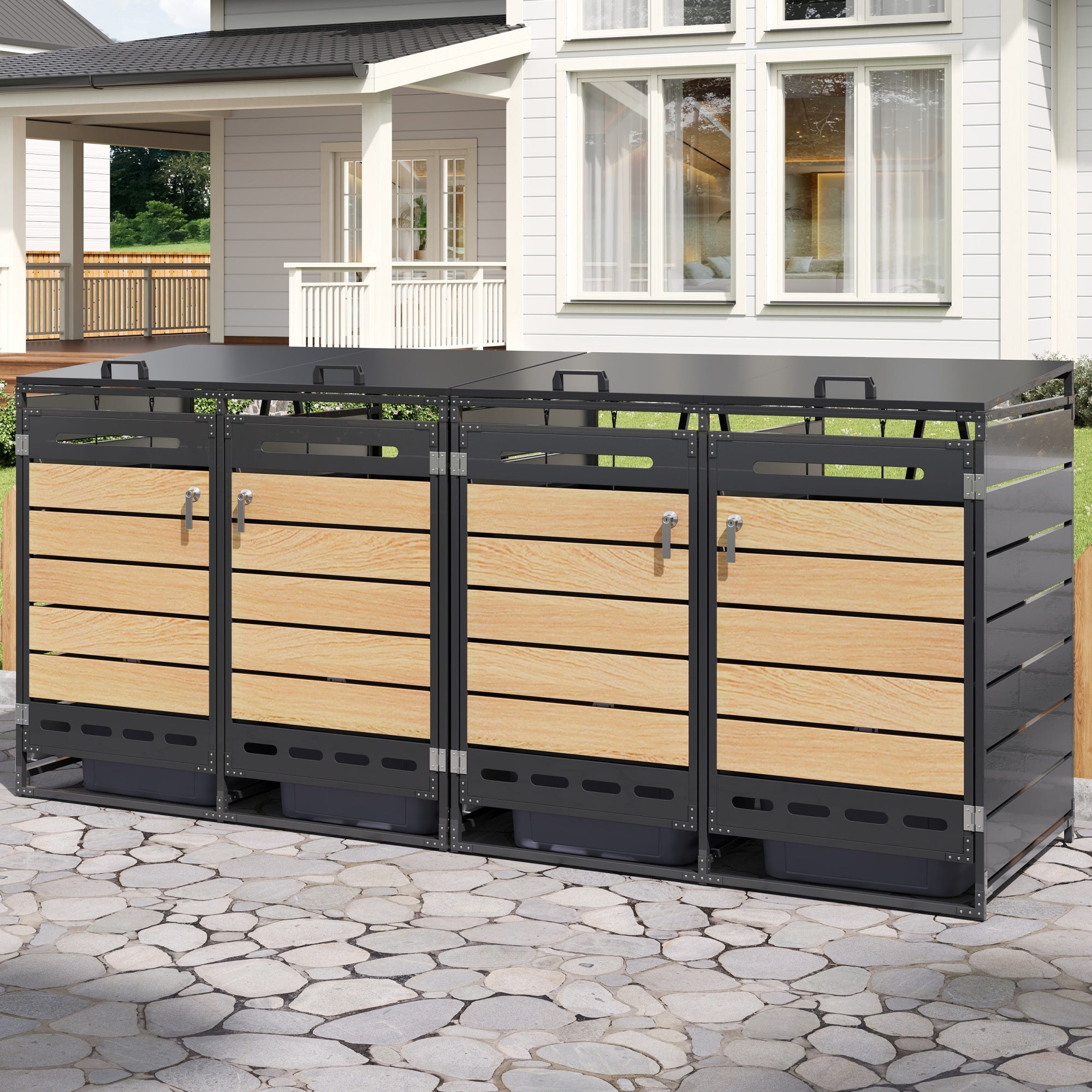 4-Bin Storage Unit with Hydraulic Lids and Slotted Ventilation, Iron and Wood-Look Cladding