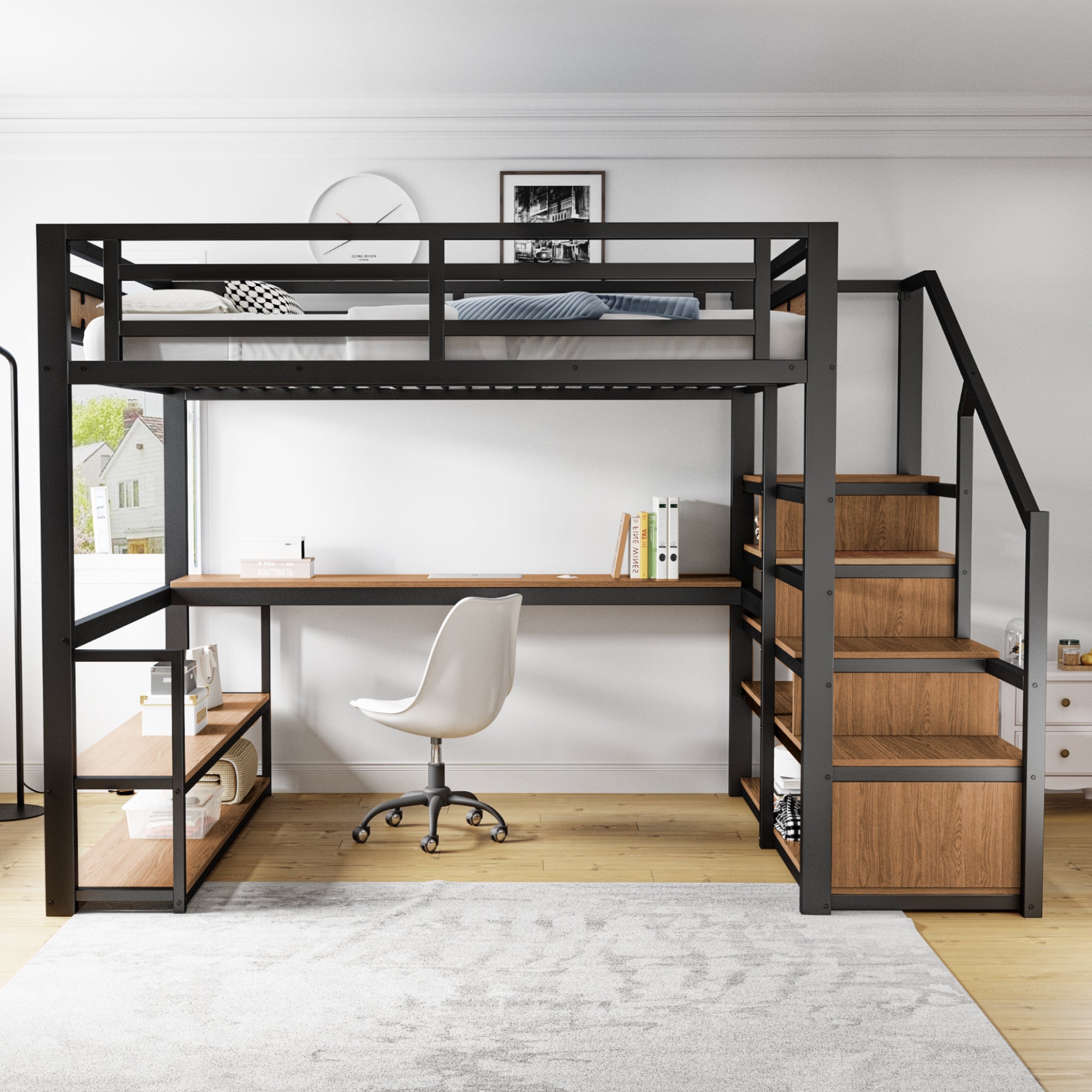 Metal Loft Bed 140x200cm, Storage Ladder, Shelves, Table, Safety Fence, Black