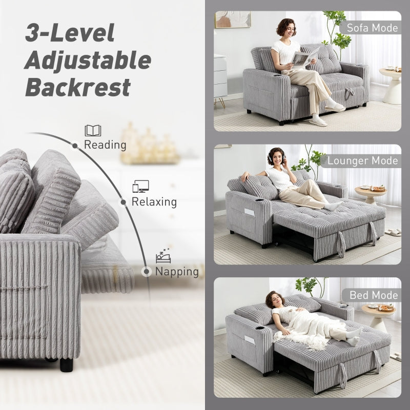 2 Seater Click Clack Sofa Bed, Pull Out Design, Light Grey Corduroy