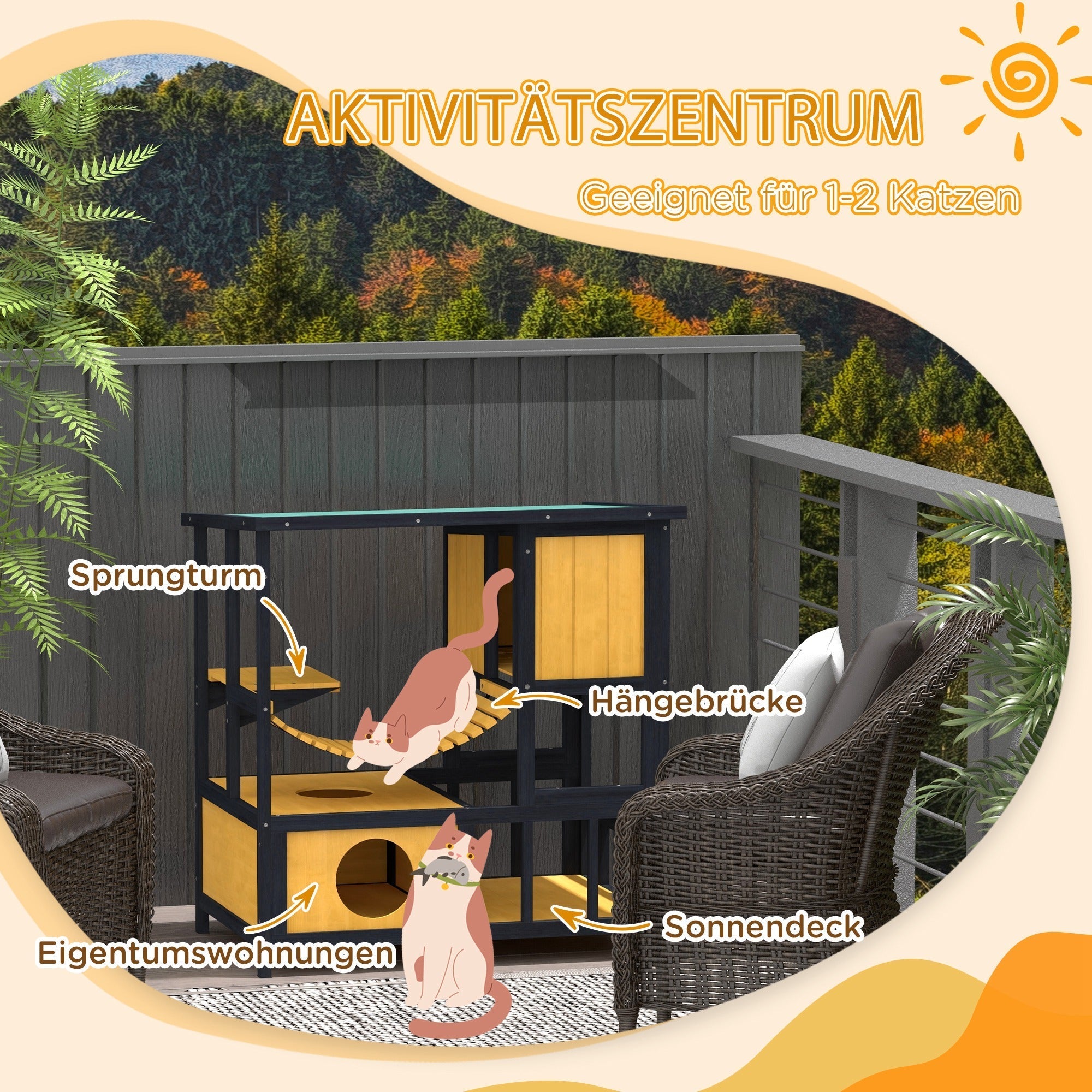 Katzenhaus mit Hängebrücke & Balkon, Wasserdicht, Gelbes Holz