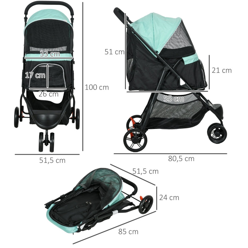 Tierkinderwagen, faltbar mit Regenschutz & 2 Getränkehaltern, Blau + Grün