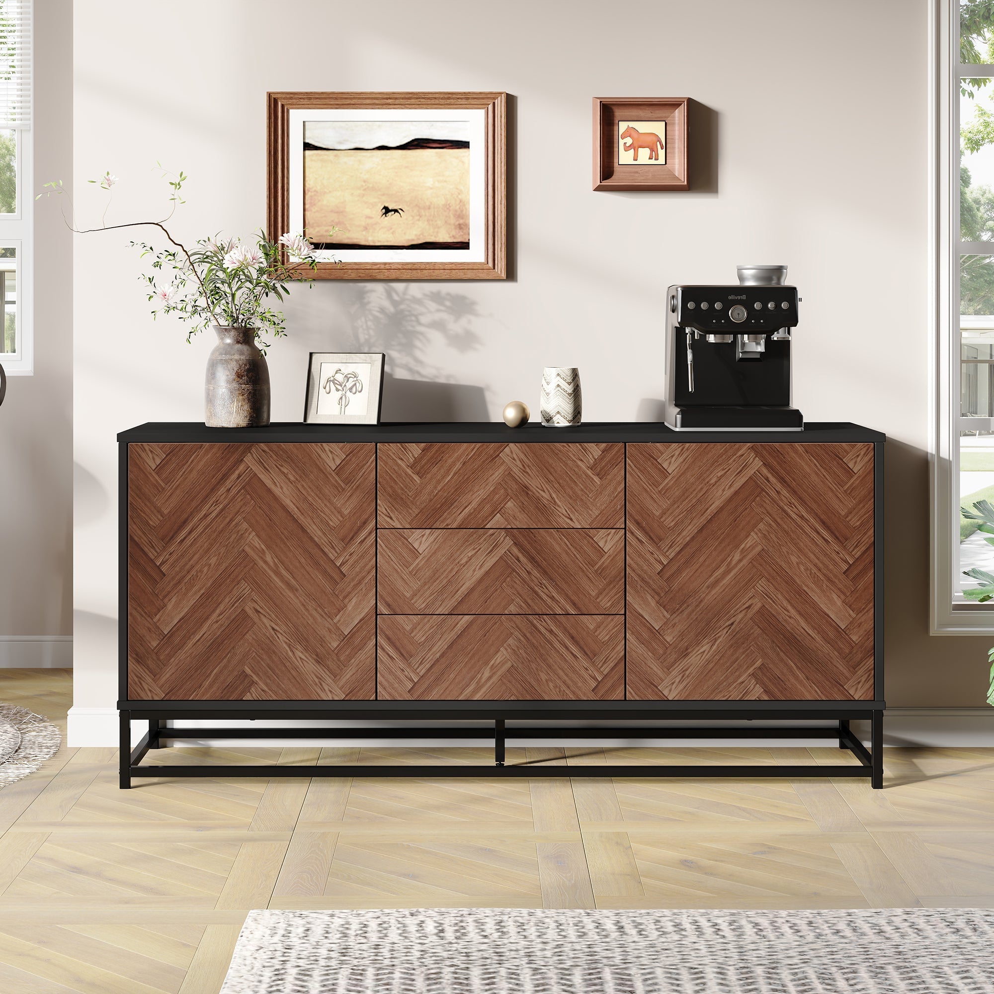 Living Room Sideboard 145cm 3 Drawers 2 Doors Adjustable Dividers - Wood/Black