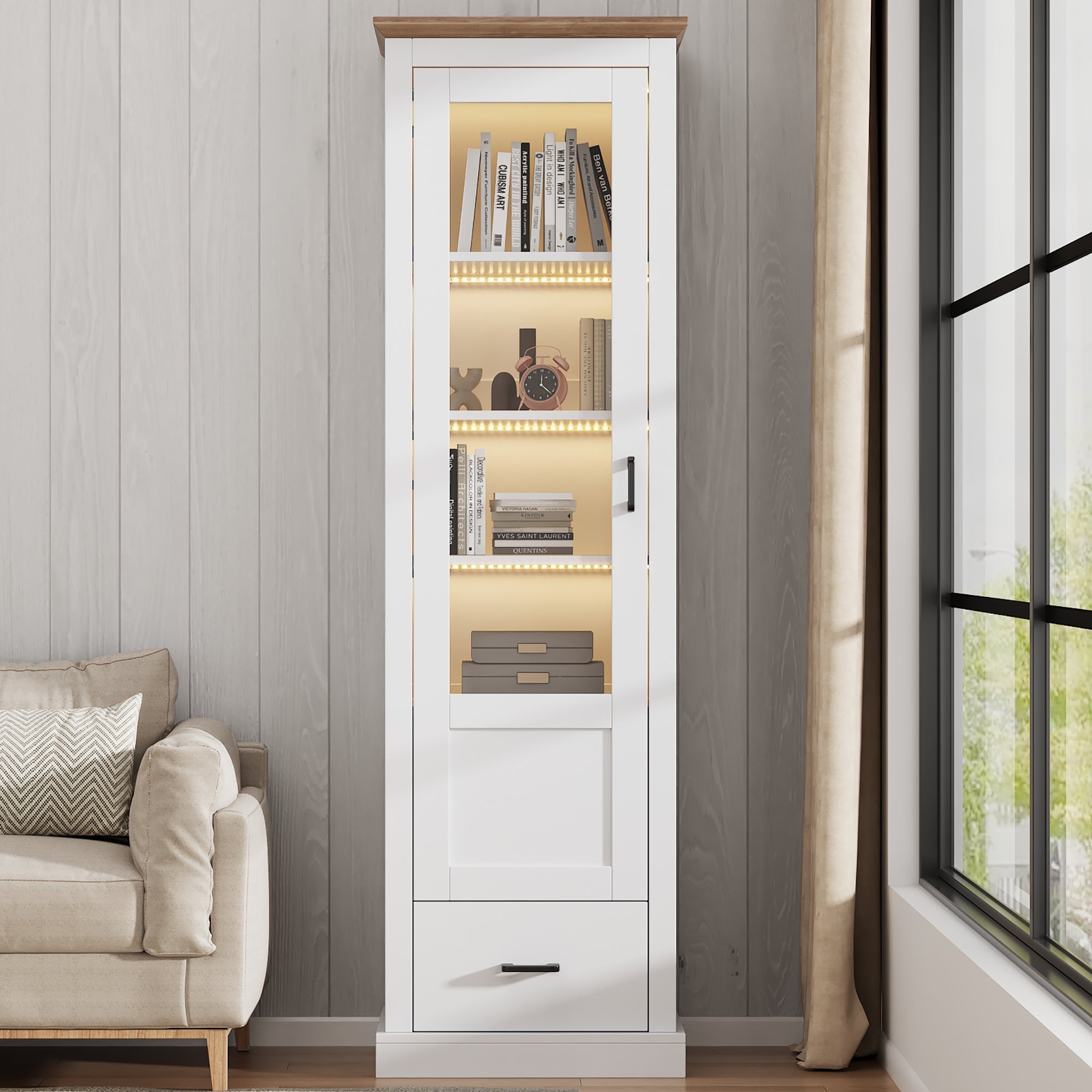 Modern LED Display Cabinet 178cm, USB/Remote, Freestanding, 5 Compartments, Matte White