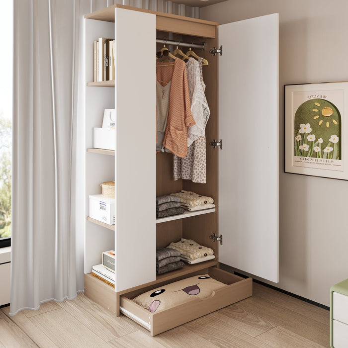 Wardrobe 70x40x170cm Single Door with Shelves and Drawers, Natural Wood/White