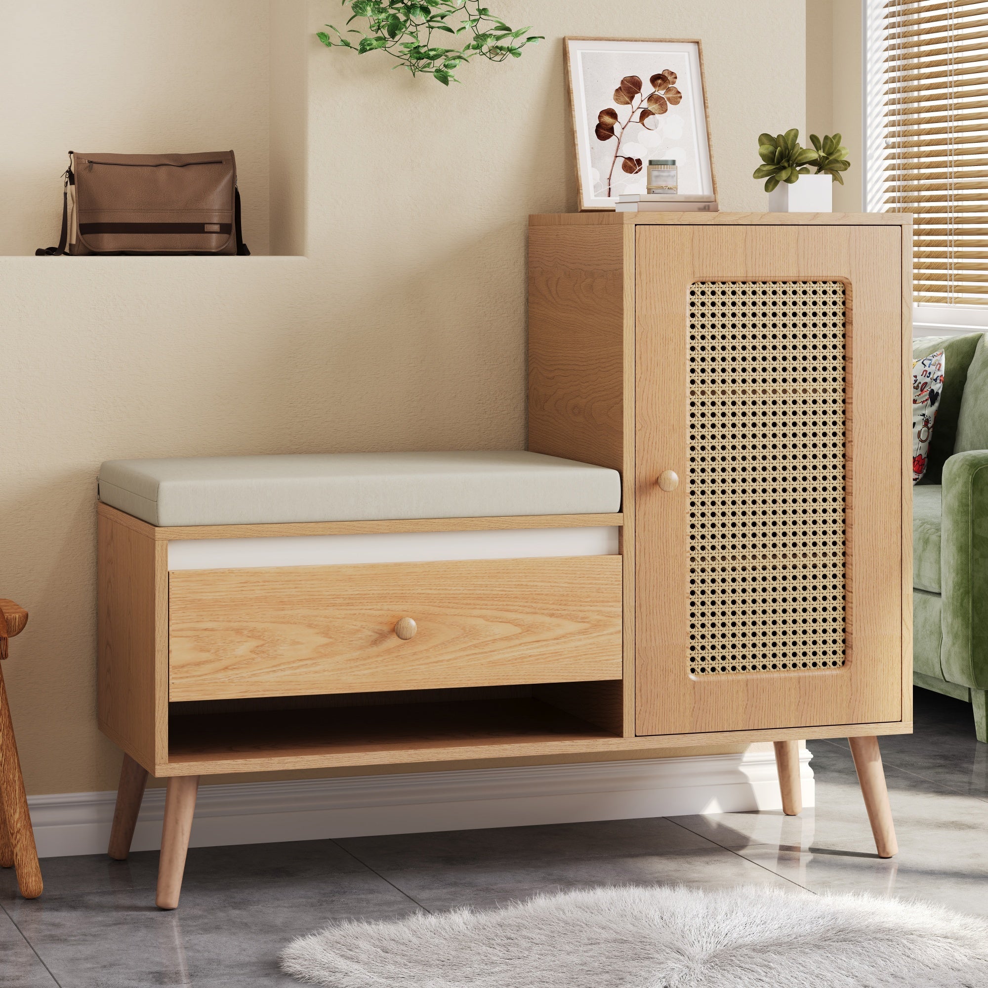 Shoe Cabinet, Entryway Bench with Storage Drawers and Seat Cushion, Rattan
