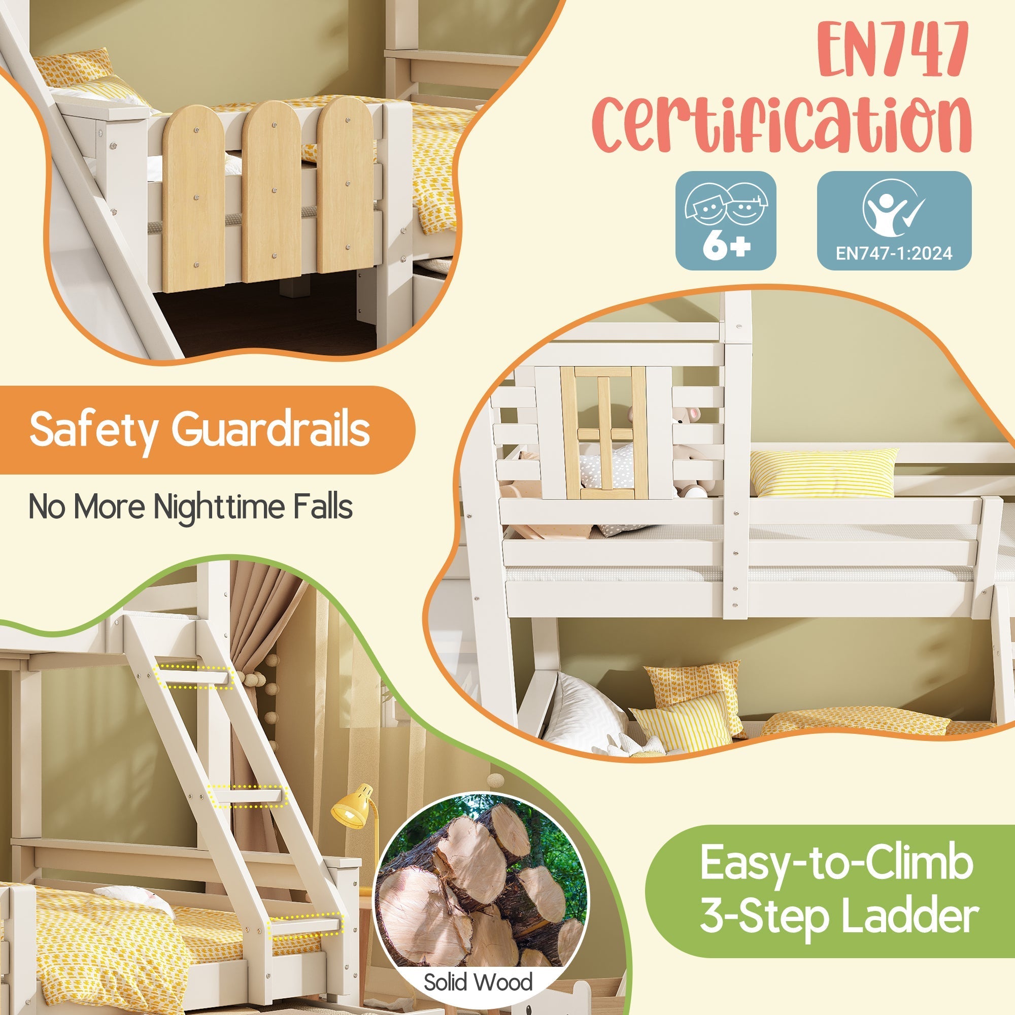 Bunk Beds for Kids, Cabin Tree-house Bed with Ladder and Slide, Twin Sleeper (90+135) x 190 cm, Solid Wood, White
