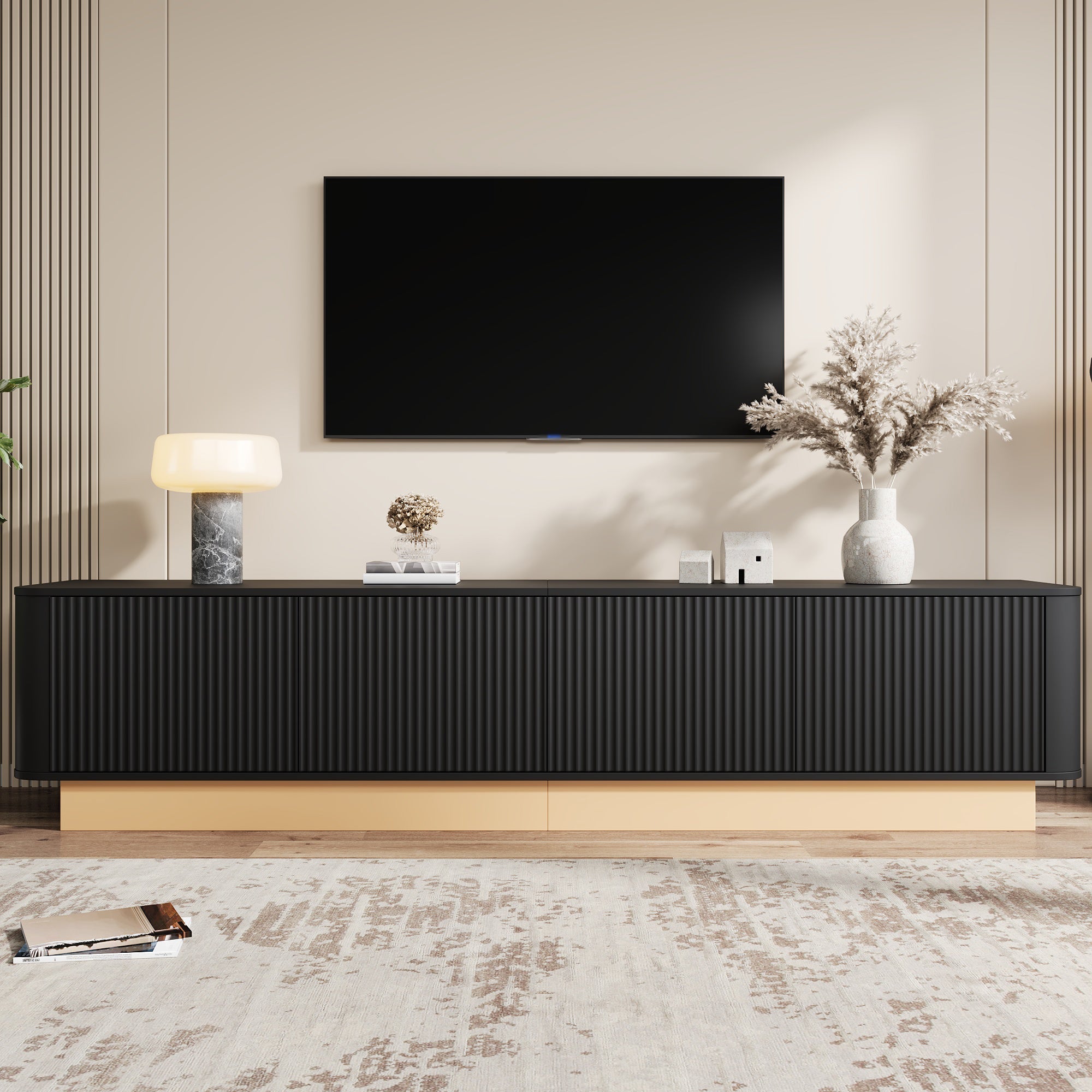 200cm TV Lowboard with 4 Doors and Adjustable Shelves, Modern Minimalist Style, MDF Material