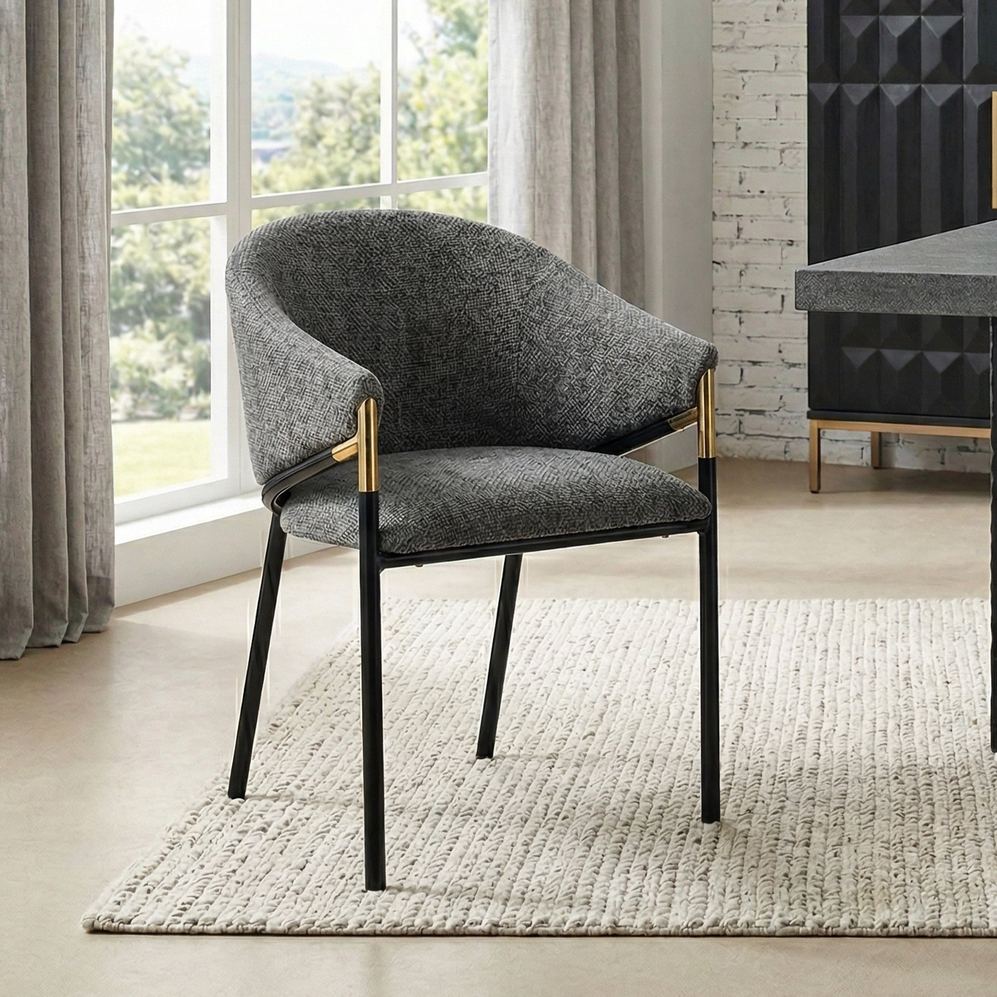 Set of 2 Modern Dining Chairs with Gold Stainless Steel Handrails, Grey Chenille Upholstery
