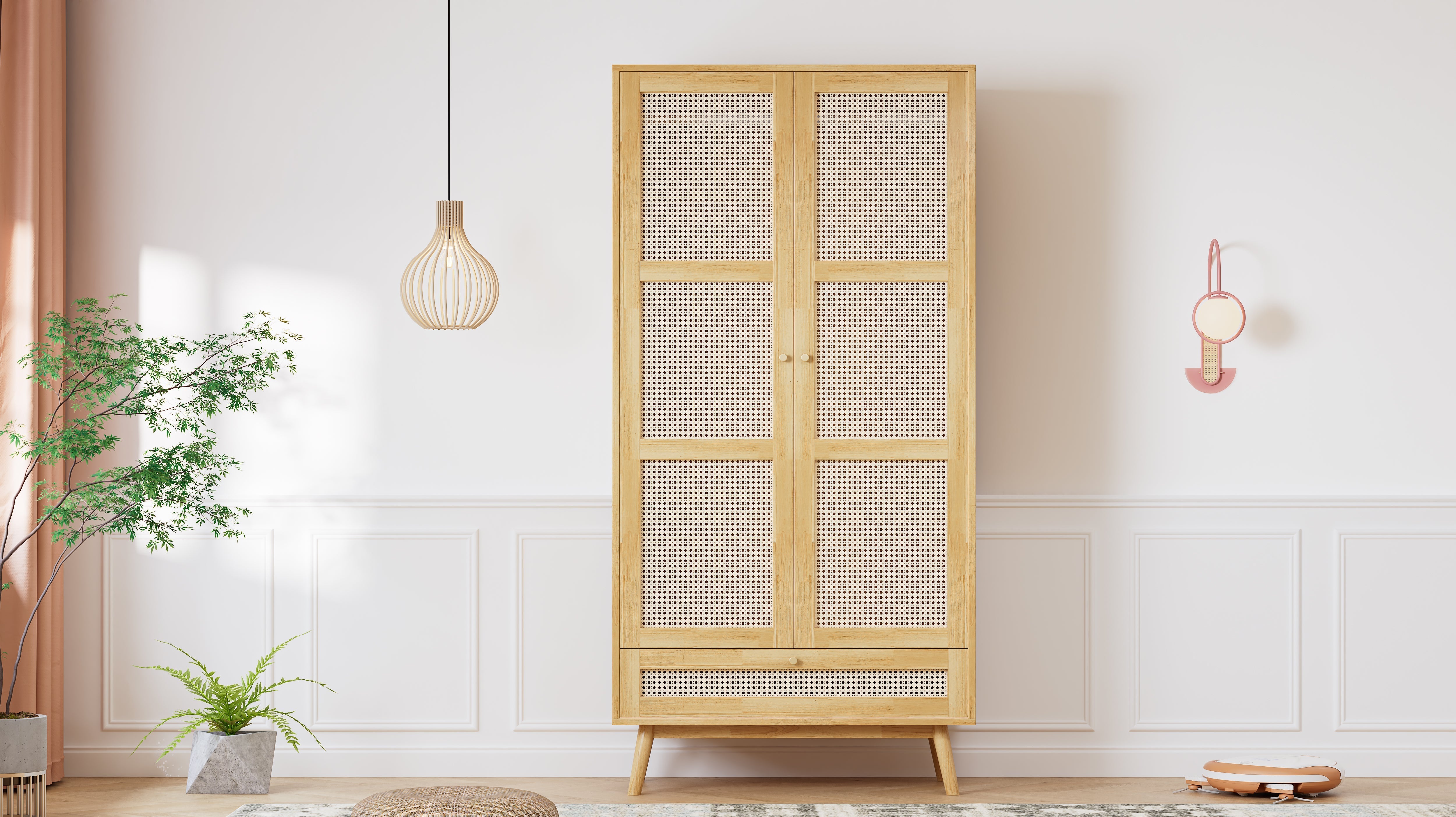 Wardrobe 2-Door Hanging Rail Rattan Net Flip-Top Lid, Natural Chipboard/PE Rattan