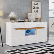 Living Room Sideboard, 4-Drawer Cabinet with LED Lighting, White & Wood