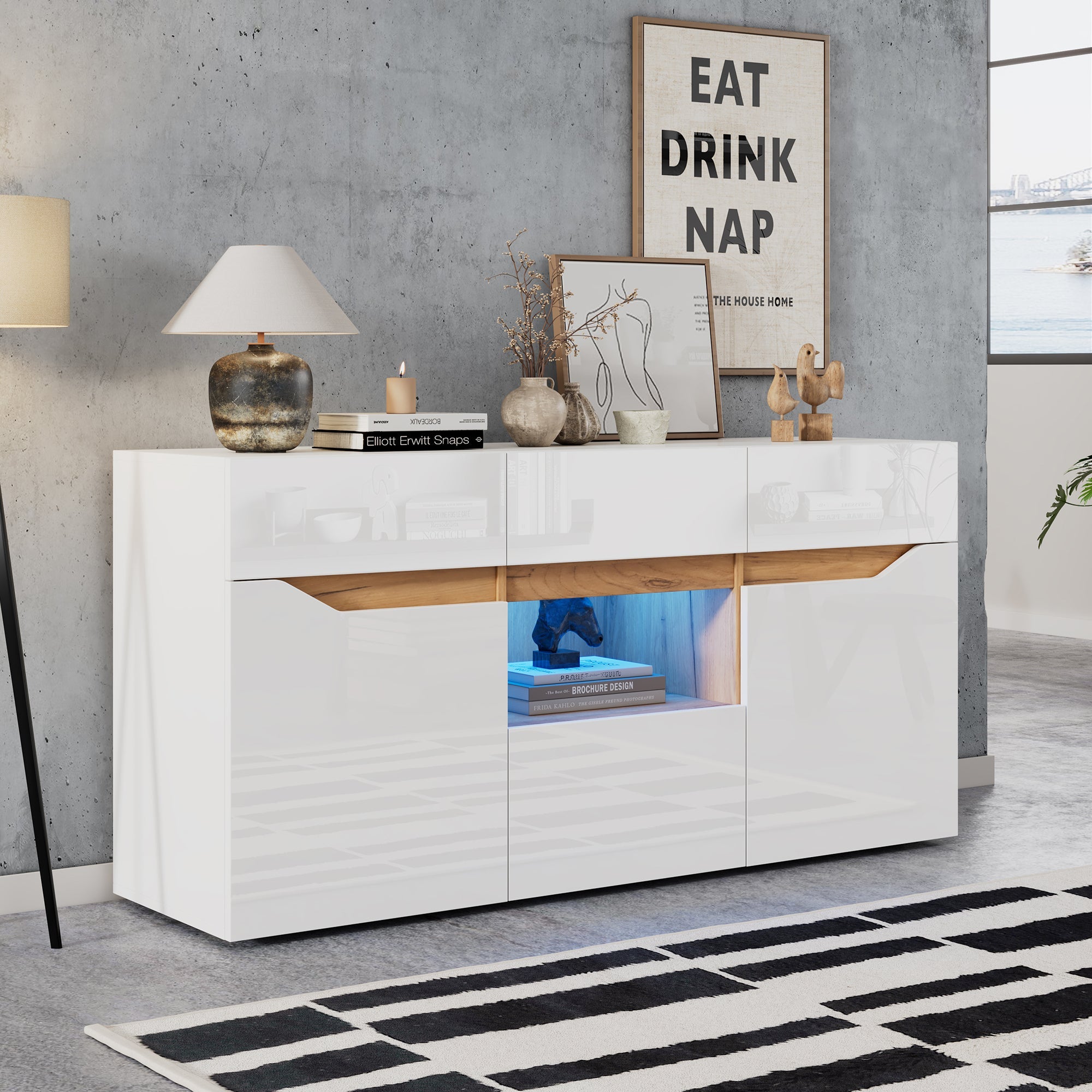Living Room Sideboard, 4-Drawer Cabinet with LED Lighting, White & Wood
