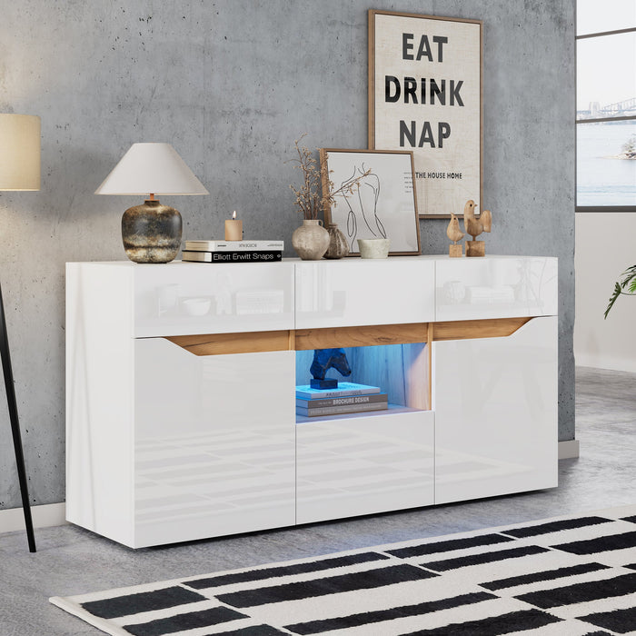 Living Room Sideboard, 4-Drawer Cabinet with LED Lighting, White & Wood