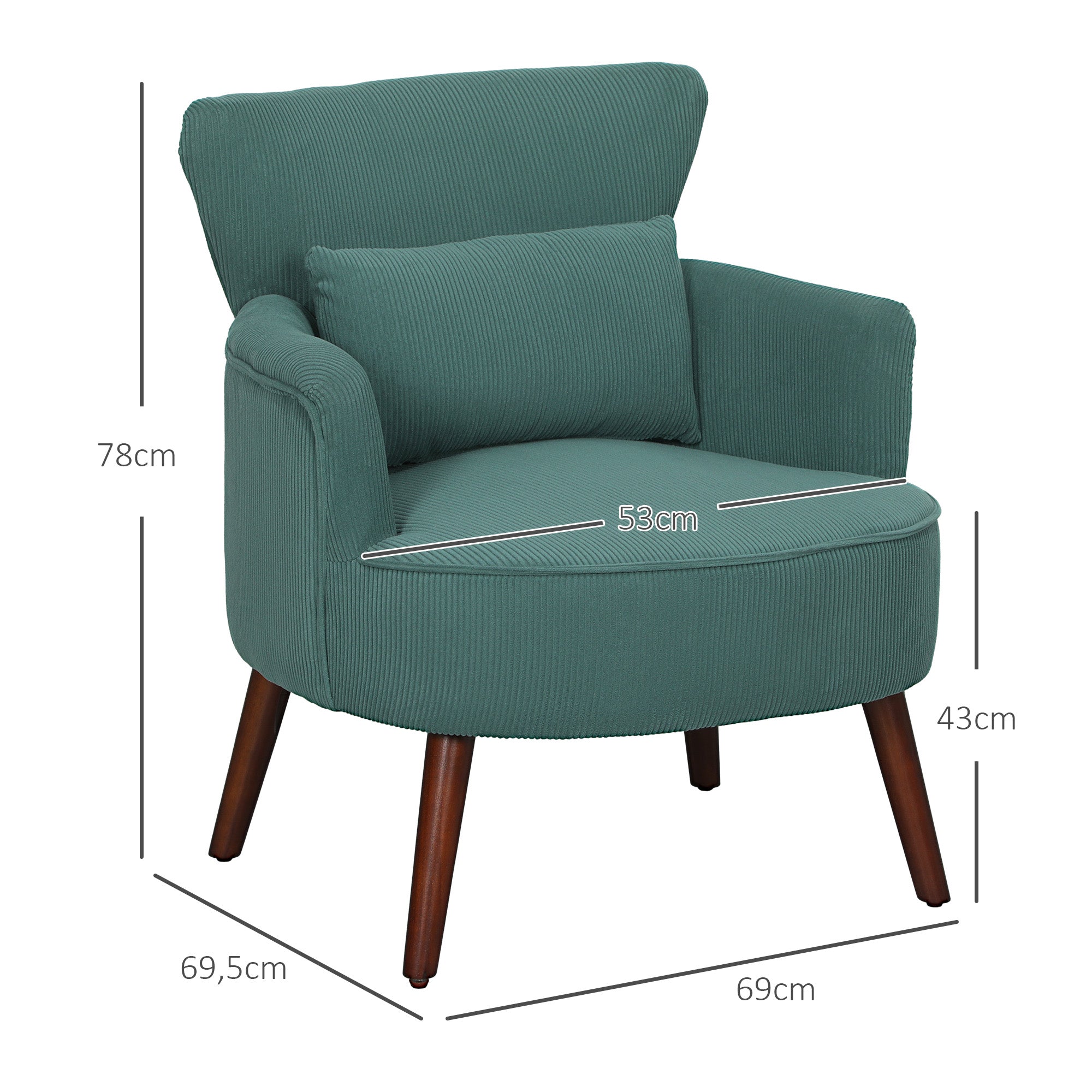 Armchair Lounge Chair Upholstered Corduroy Look Wooden Legs Dark Green