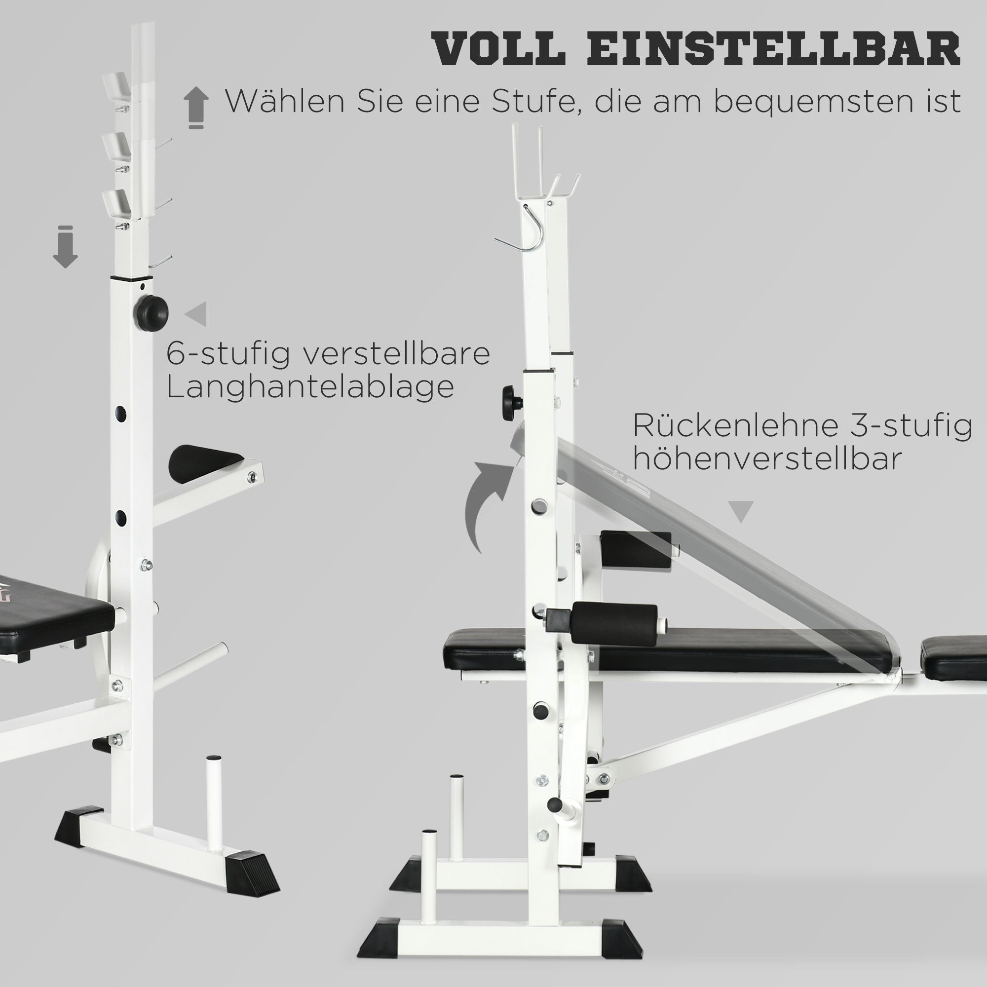 Weight Bench with Leg Press, Barbell Rack, and Armrests, Black and White