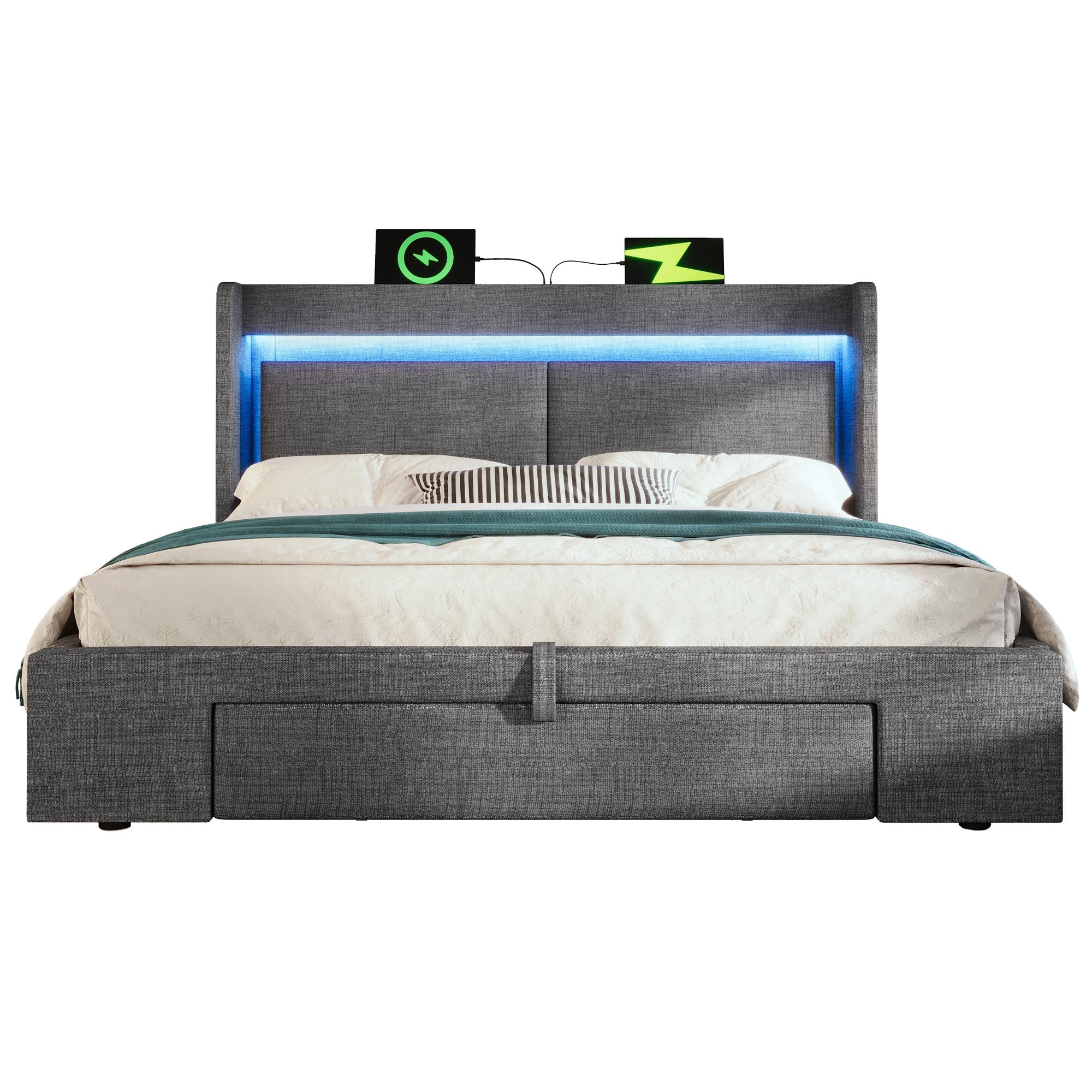 Upholstered Bed 160x200cm Hydraulic Storage Headboard Compartment LED USB/Type-C Linen Grey