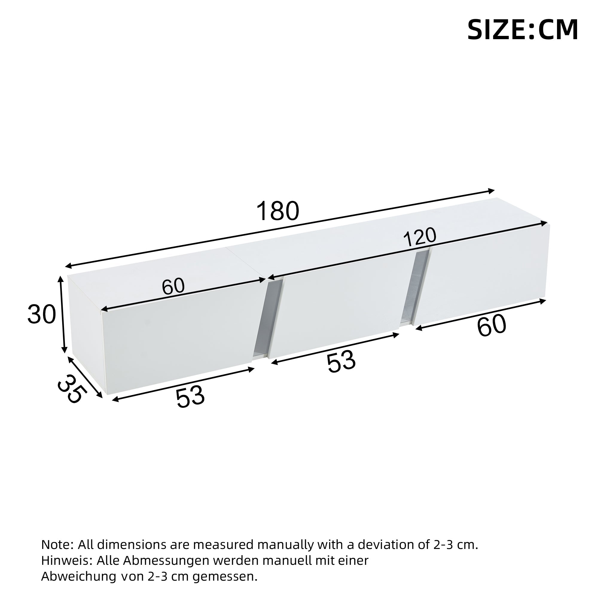 TV Cabinet 180cm Wall-Mounted Lowboard with LED Lights, 3 Doors, White
