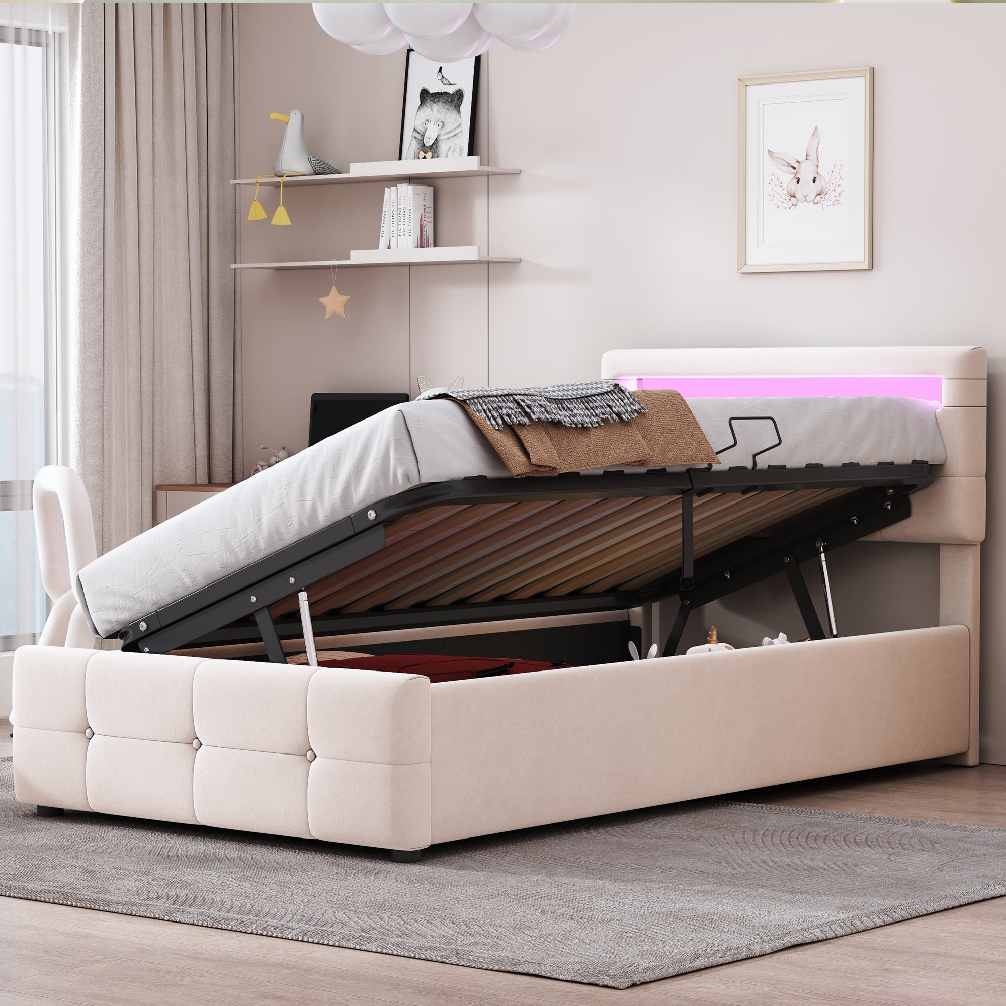 Upholstered Children's Bed with LED Lighting and Hydraulic Storage, Velvet Beige/Grey