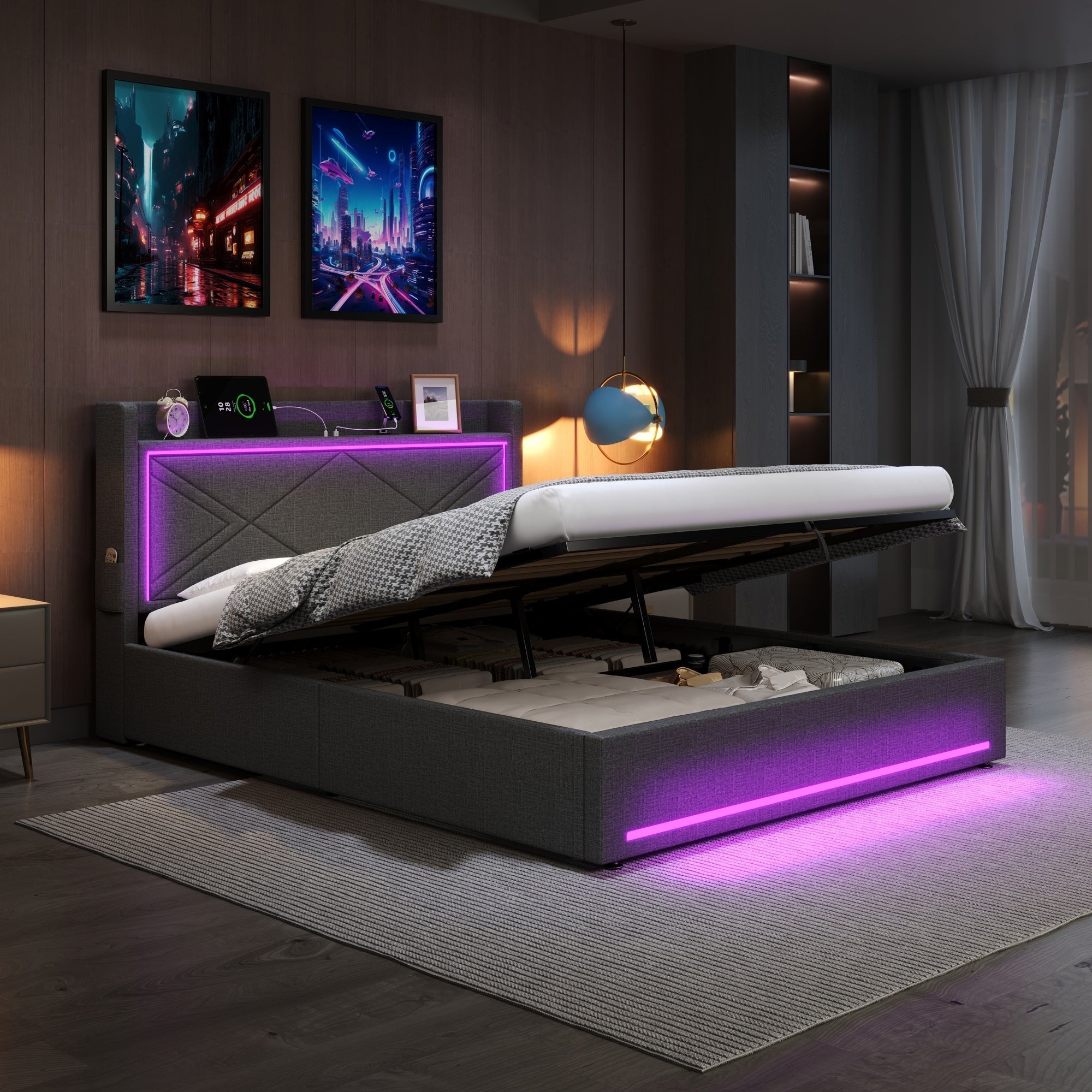 4ft6 Double Upholstered Bed Frame, Hydraulic Storage LED Charging Station, Grey Linen