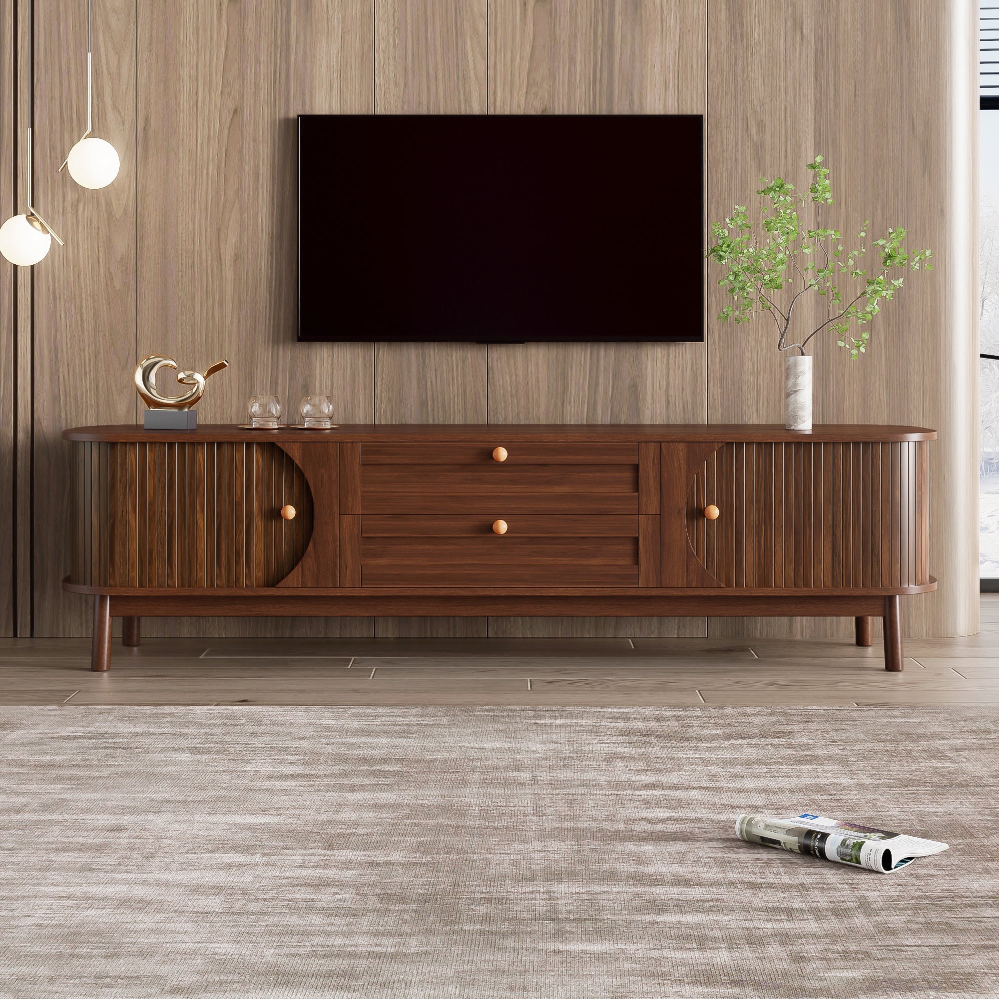 Modern TV Cabinet with Drawers, Storage, & Rounded Corners, Wood Look
