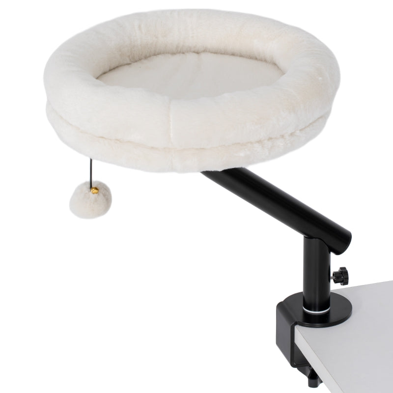 Cat Desk Bed, 360° Rotation, Adjustable Height, Washable, Cream White