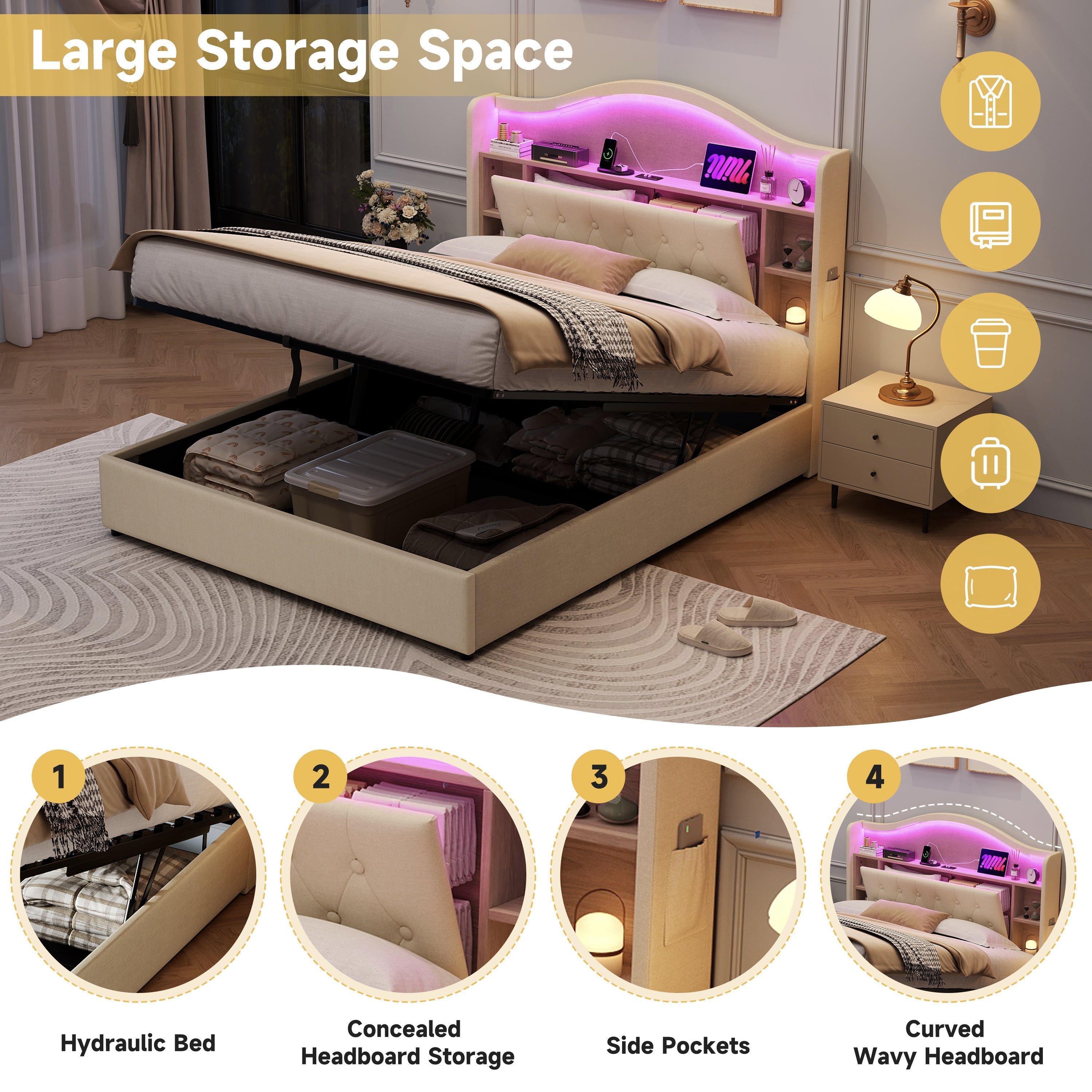 4ft6 Double Upholstered Bed Frame with Hydraulic Storage, LED Headboard & Charging Ports, Linen Beige