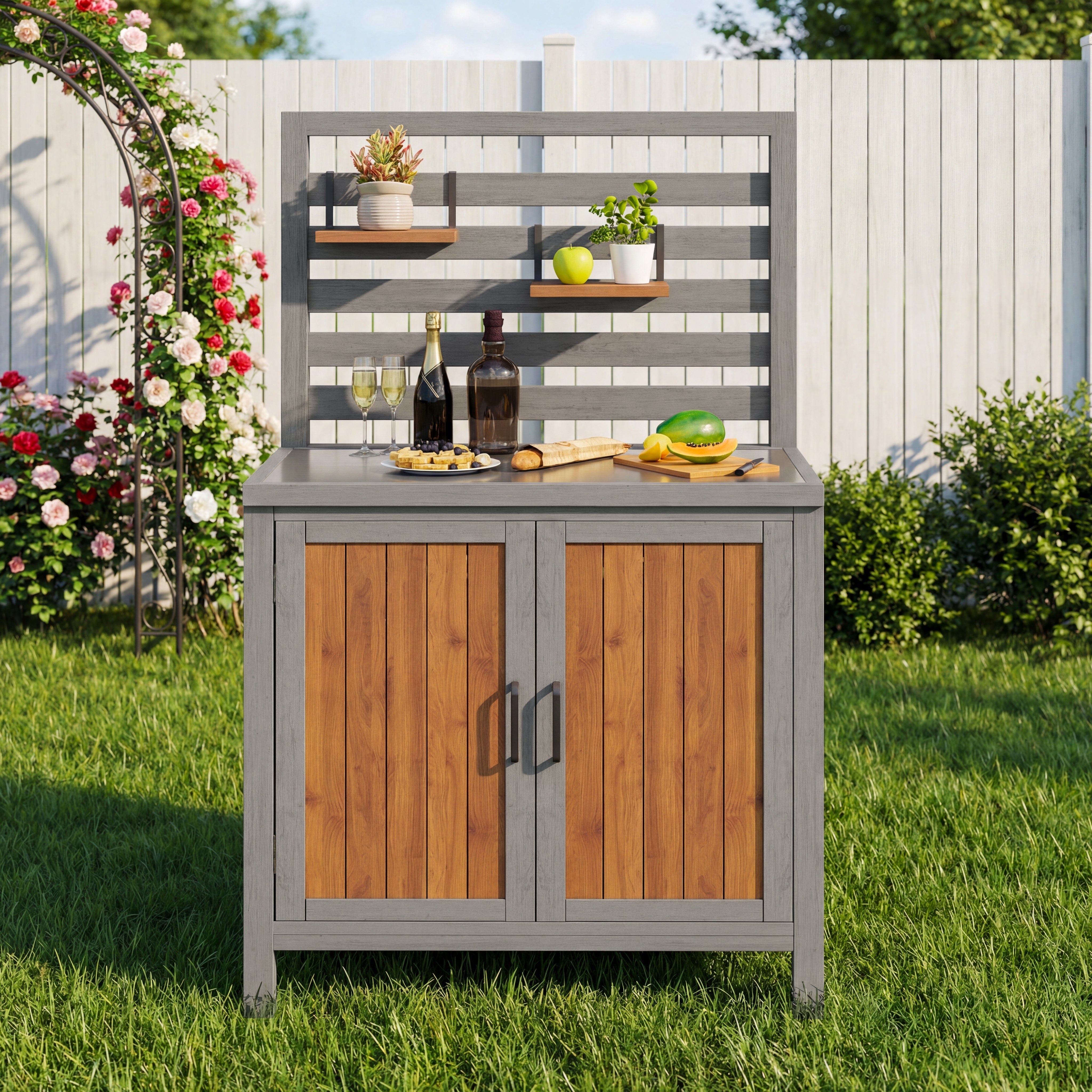 Weatherproof Garden Cabinet with Stainless Steel Worktop and Adjustable Shelves, Wooden