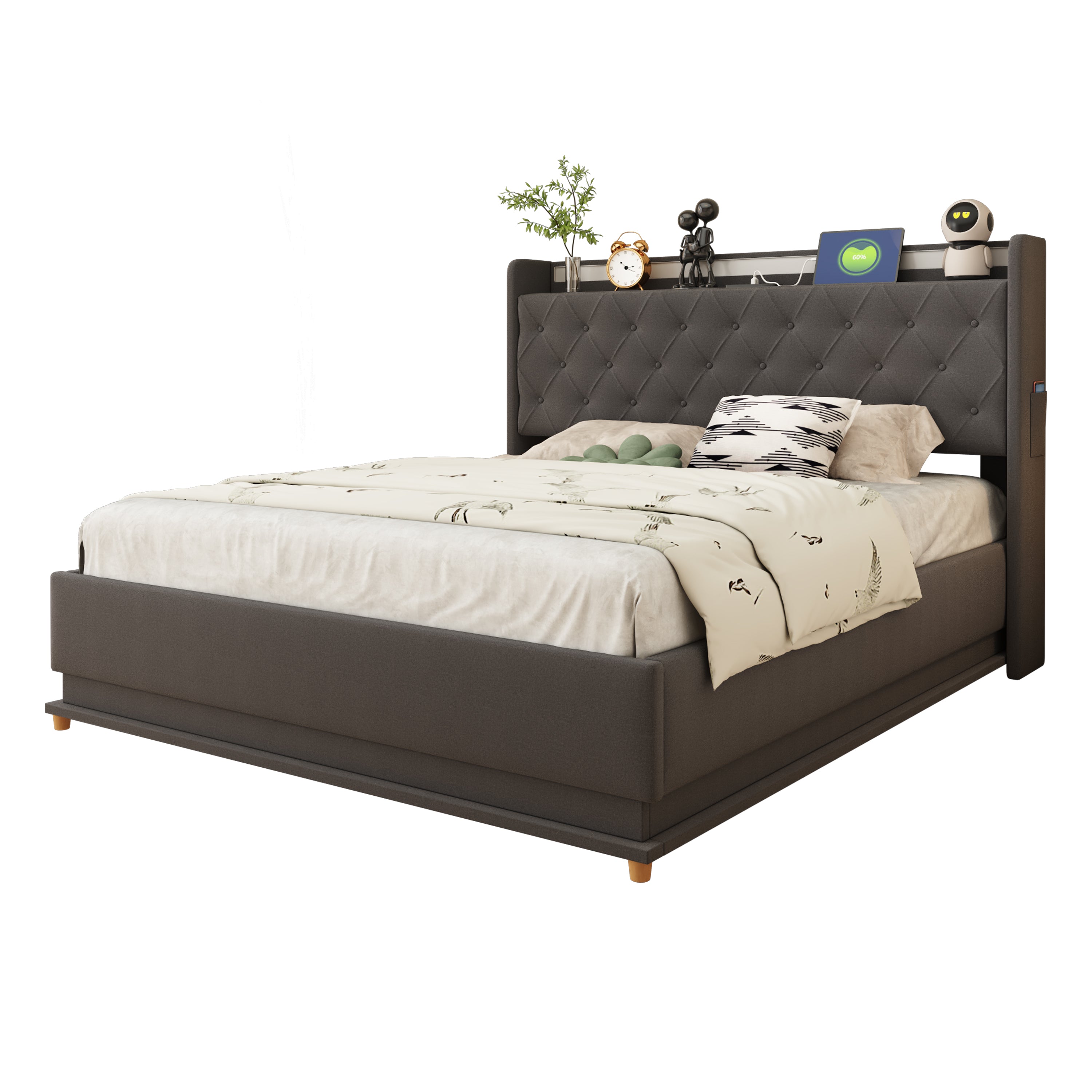 LED Upholstered Bed, USB Charging & Hydraulic Storage, Linen Fabric Gray