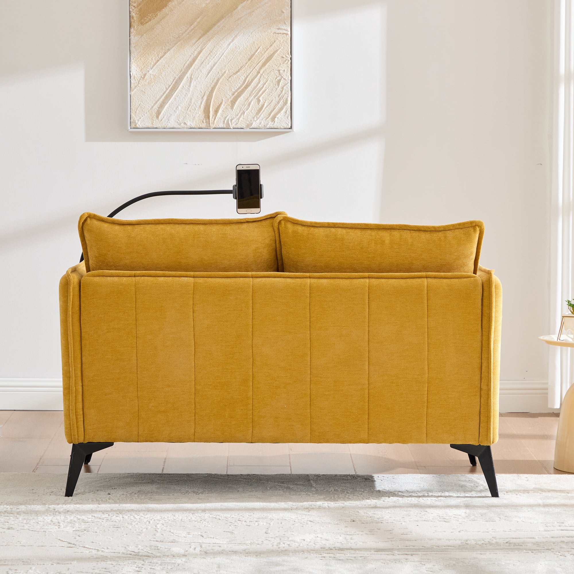 Modern Double Sofa with Storage Side Pocket and Adjustable Phone Holder, Fabric