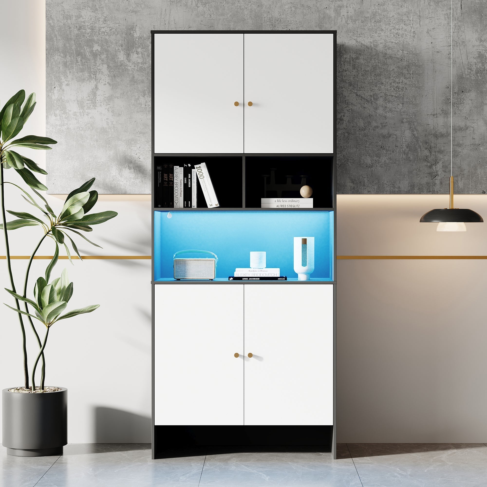 Multi-purpose Cabinet with 4 Doors and 3 Open Compartments, Black and White Wood