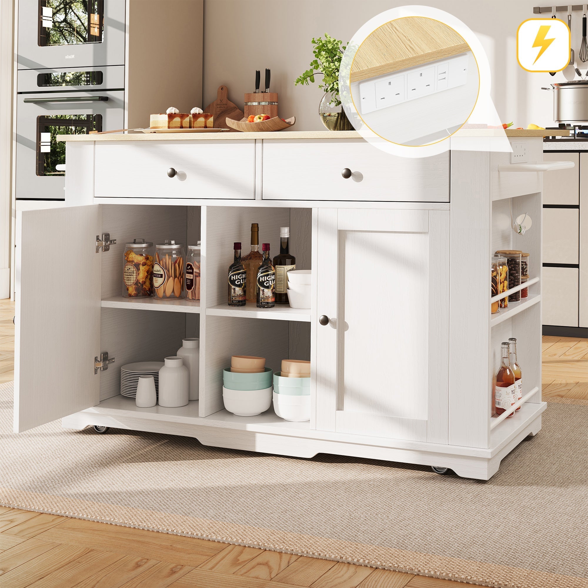 Kitchen Island with Power Strip and Wood Grain, White