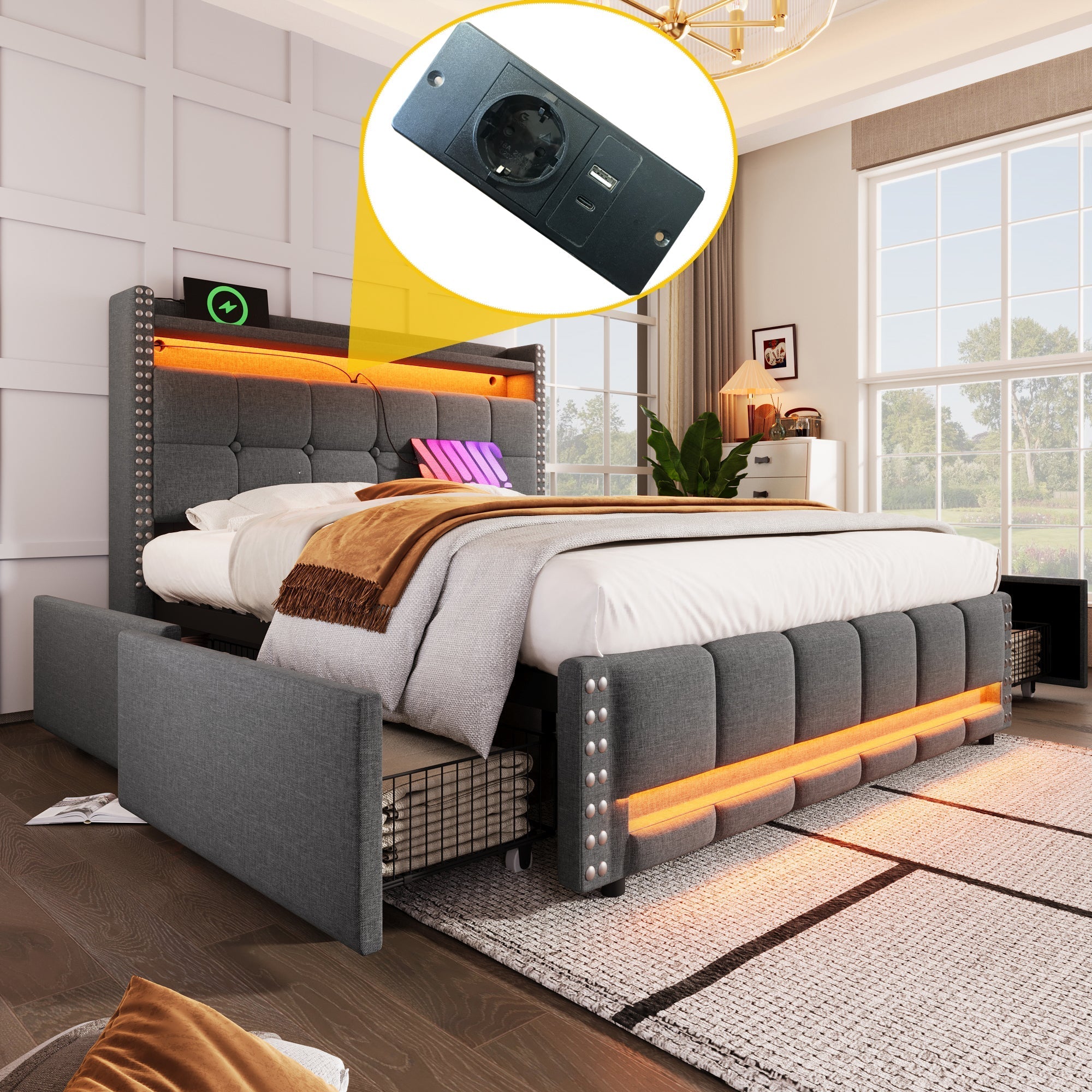 Upholstered Bed with LED, USB, Shelves & 4 Drawers, Gray Linen