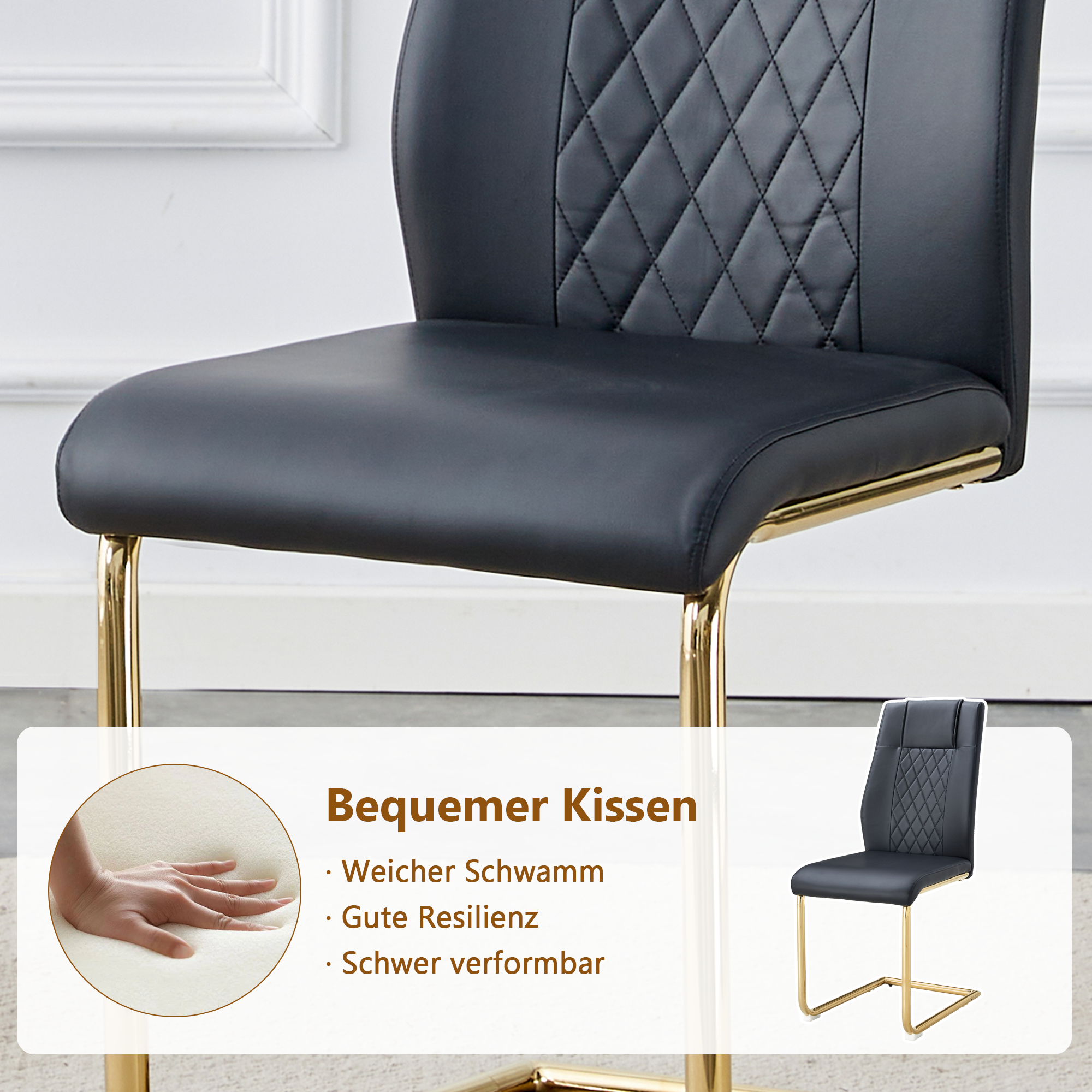 Dining Table Set Minimalist Glass 85cm 4 Chairs Gold Legs - Black PU