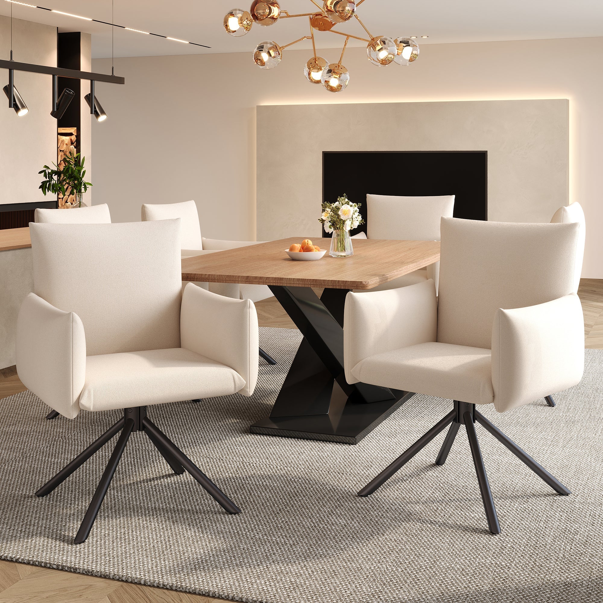 Dining Chairs Set of 6 Upholstered 360° Swivel Lumbar Support - Beige Linen