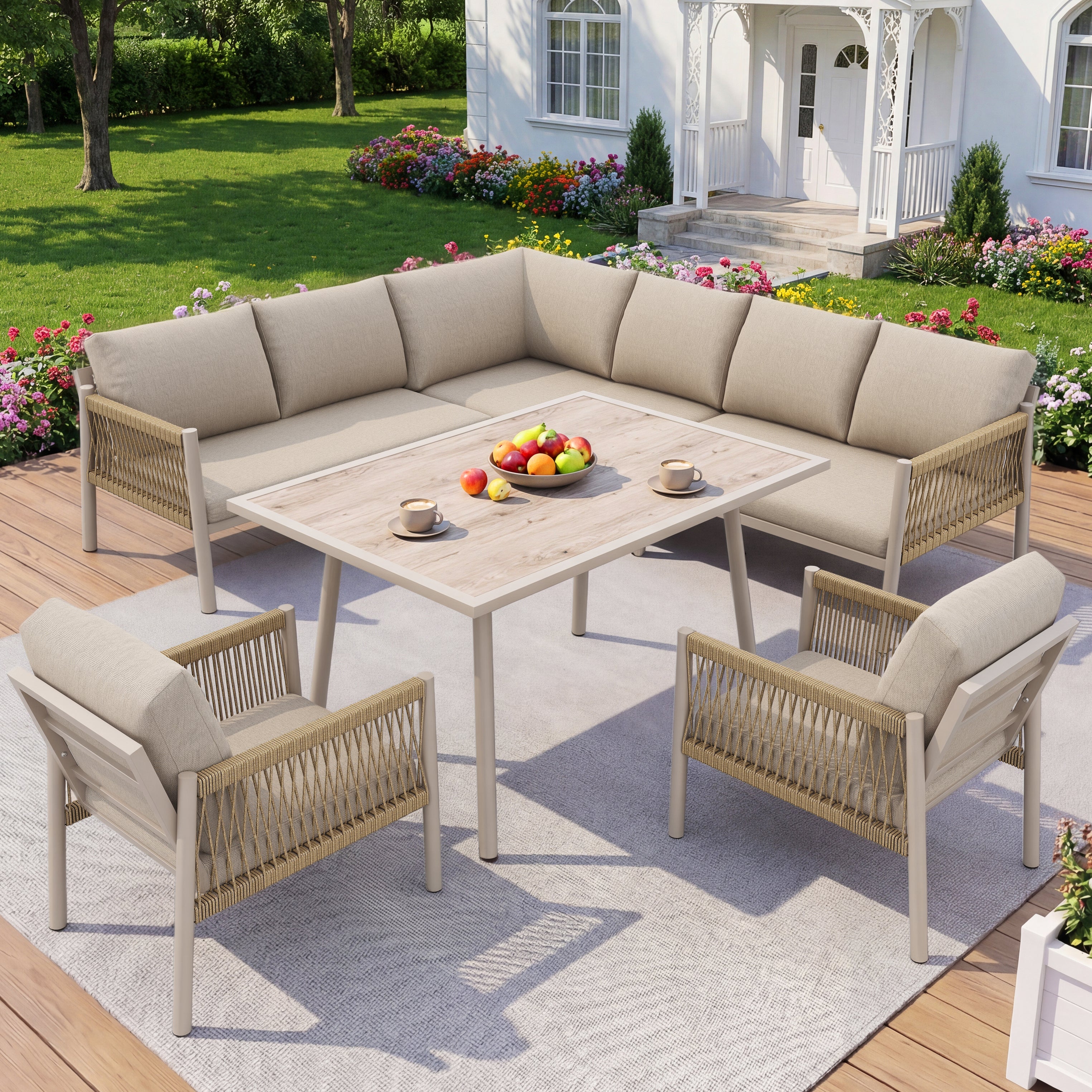 Garden Lounge Seating Group, L-Shaped Sofa with Table and 2 Armchairs, Beige