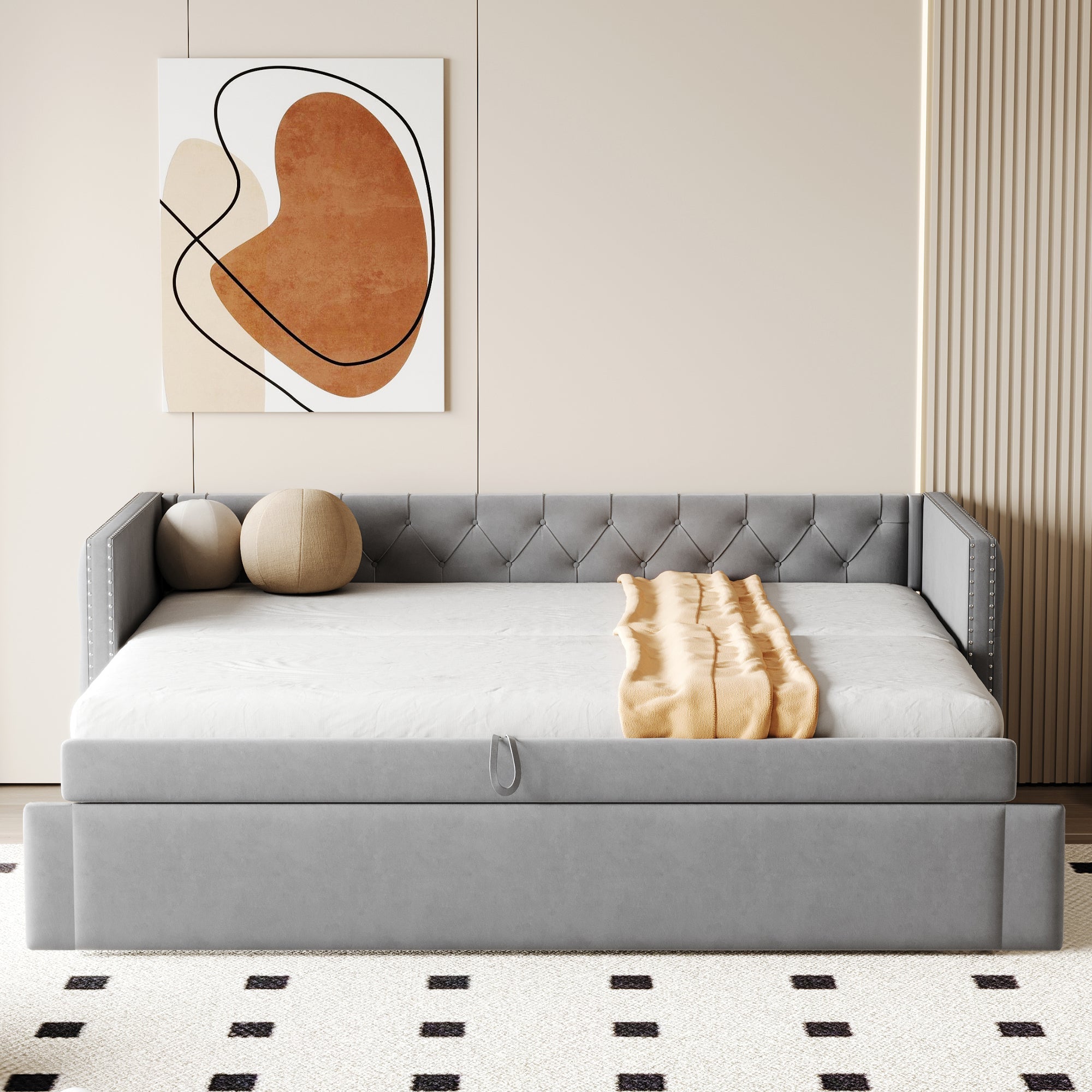 Upholstered Bed, Pull-Out Sofa Bed, 90x200cm, Classic, Guest Bed, Light Grey Velvet