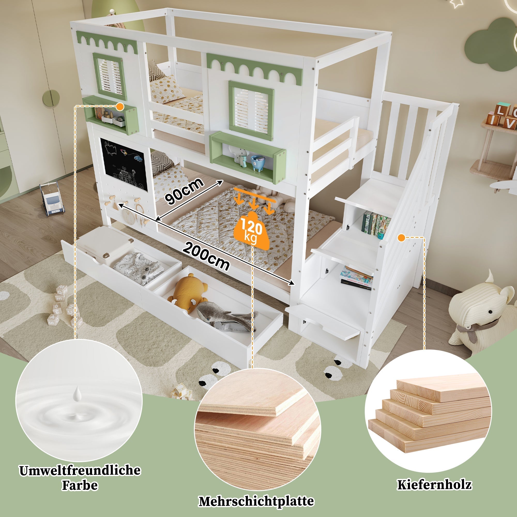 Bunk Bed 90x200cm Pegboard with Hooks 2 Drawers & Stair Storage Cabinet White + Green Pine