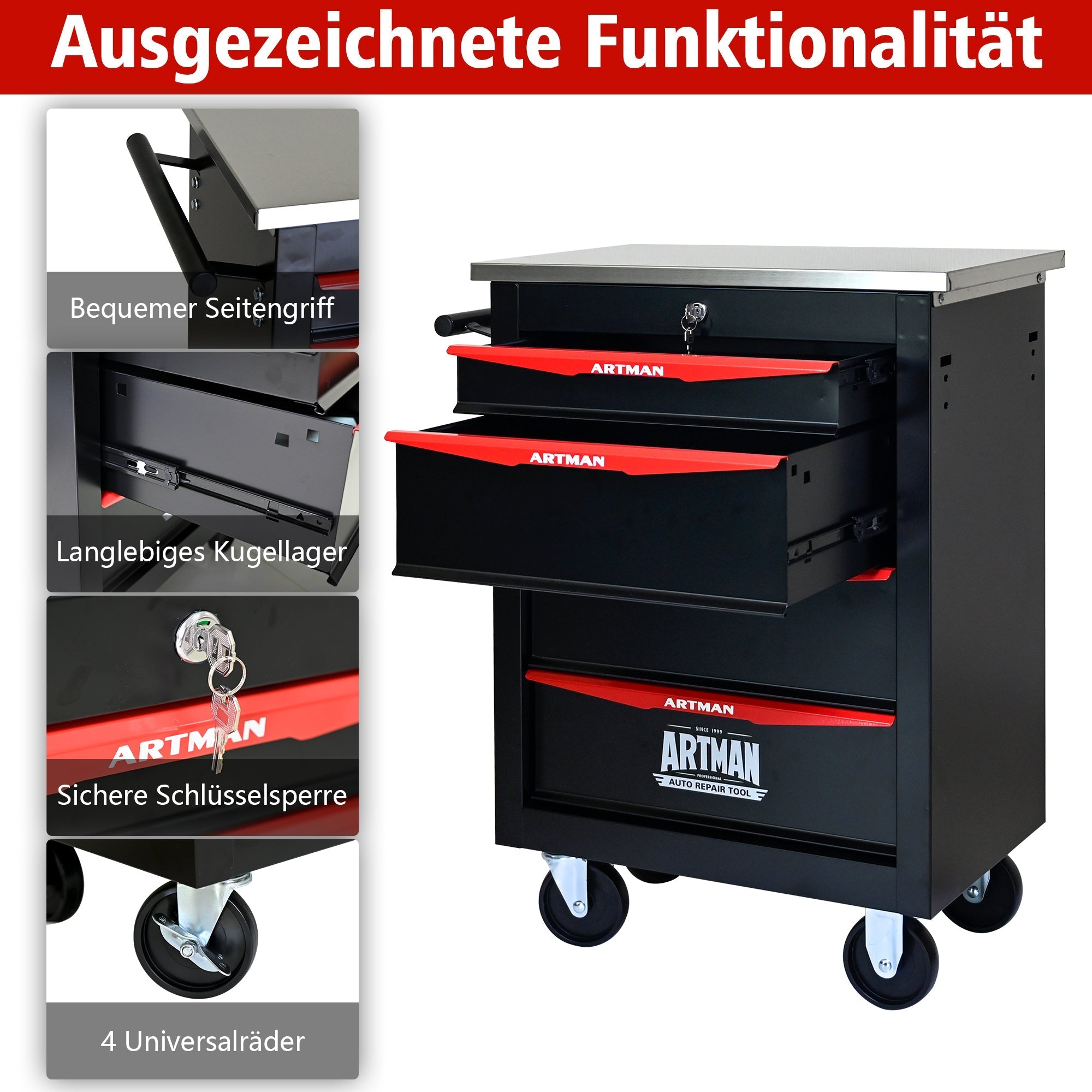 Tool Trolley 4-Drawer Metal Rolling Storage with Stainless Steel Roof Black & Red