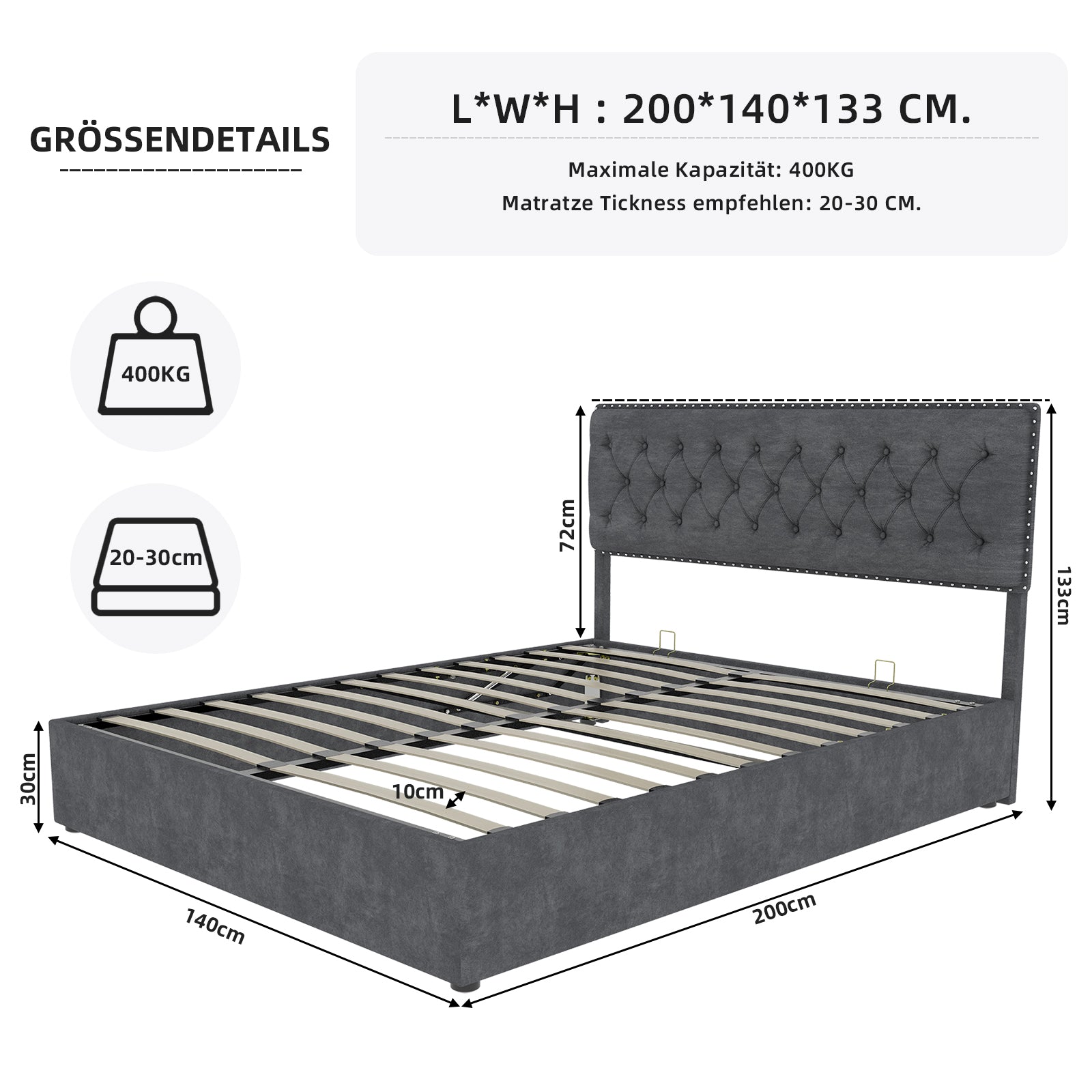 Modern Minimalist Soft Bed, Comfortable Headboard, High Box, 140x200CM, Gray