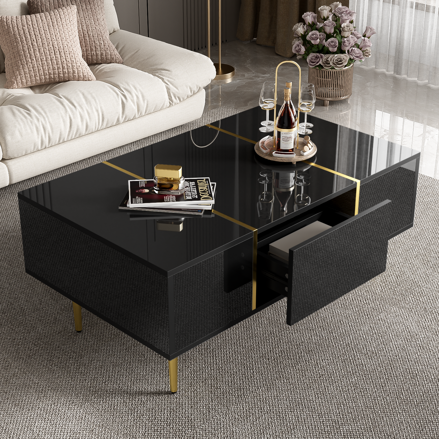 Modern Coffee Table, High Gloss with 2 Drawers, Black