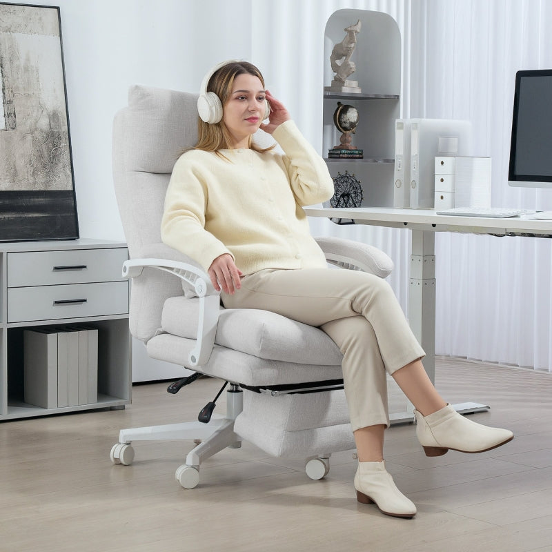 Bürostuhl, ergonomischer Schreibtischstuhl mit Lordosenstütze und Fußstütze, Cremeweiß